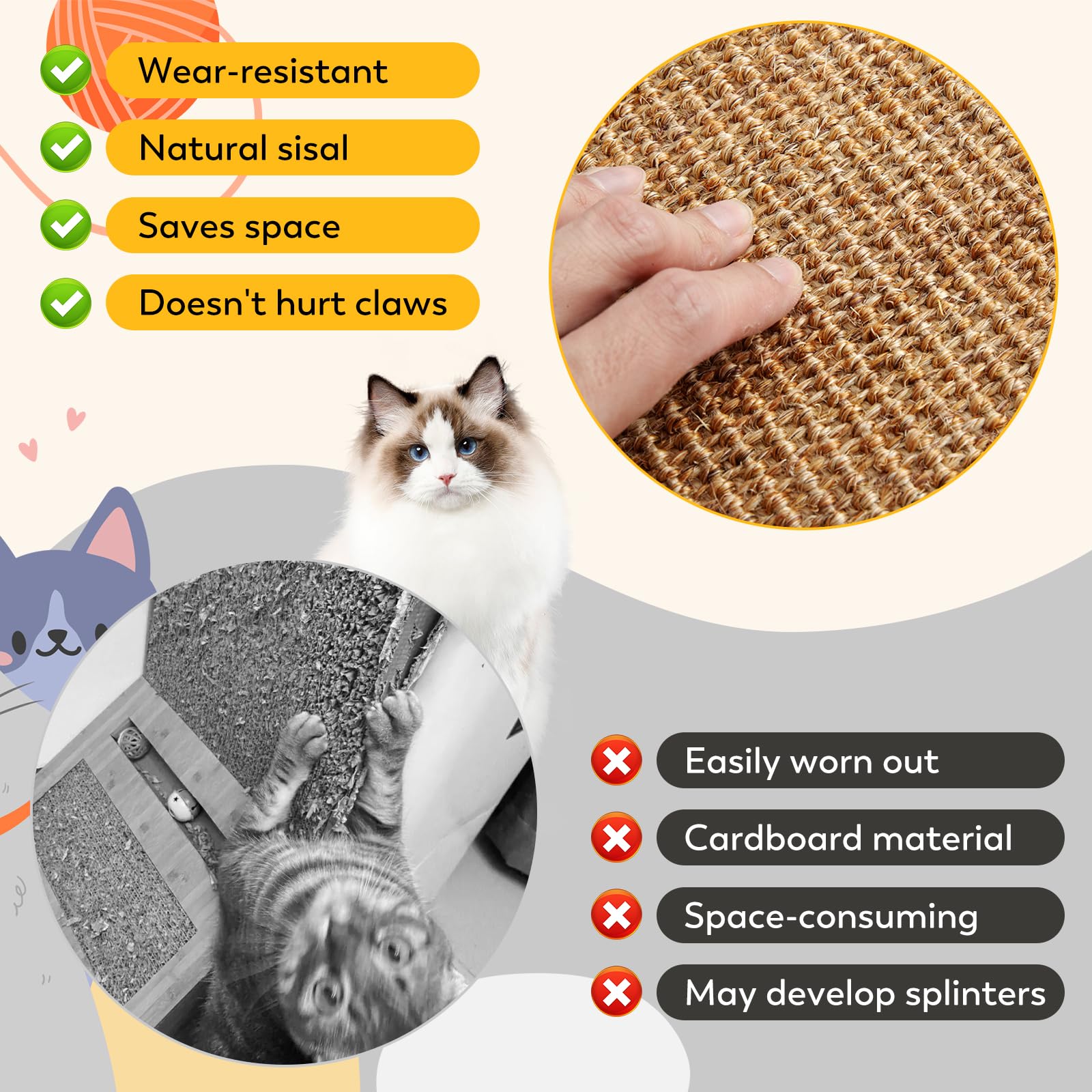 Tapete rascador para gatos con cintas adhesivas de velcro, 23.6 x 15.7 pulgadas, alfombra rascadora de sisal para gatos de interior, rascador horizontal para postes rascadores y protección de