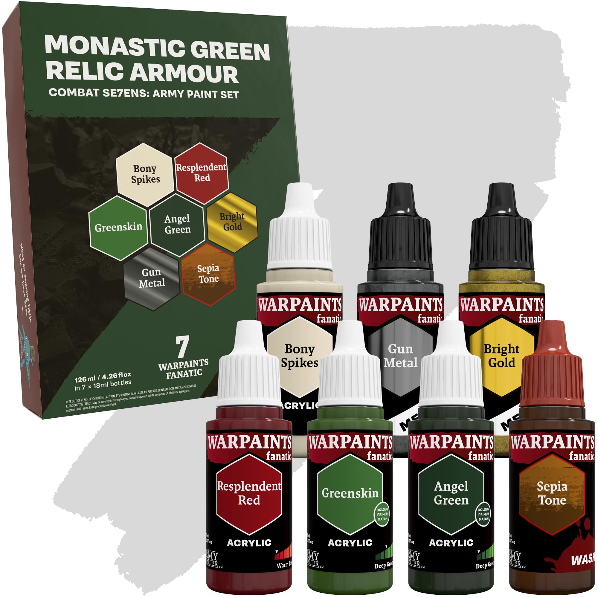 The Army Painter, Combat Se7ens: Monastic Green Relic Armour, 7 Warpaint Fanatic: 4 Acrylic, 2 Metallics, 1 Wash, Perfect for Miniature Quality Hobby Paints for DnD & Warhammer Figures