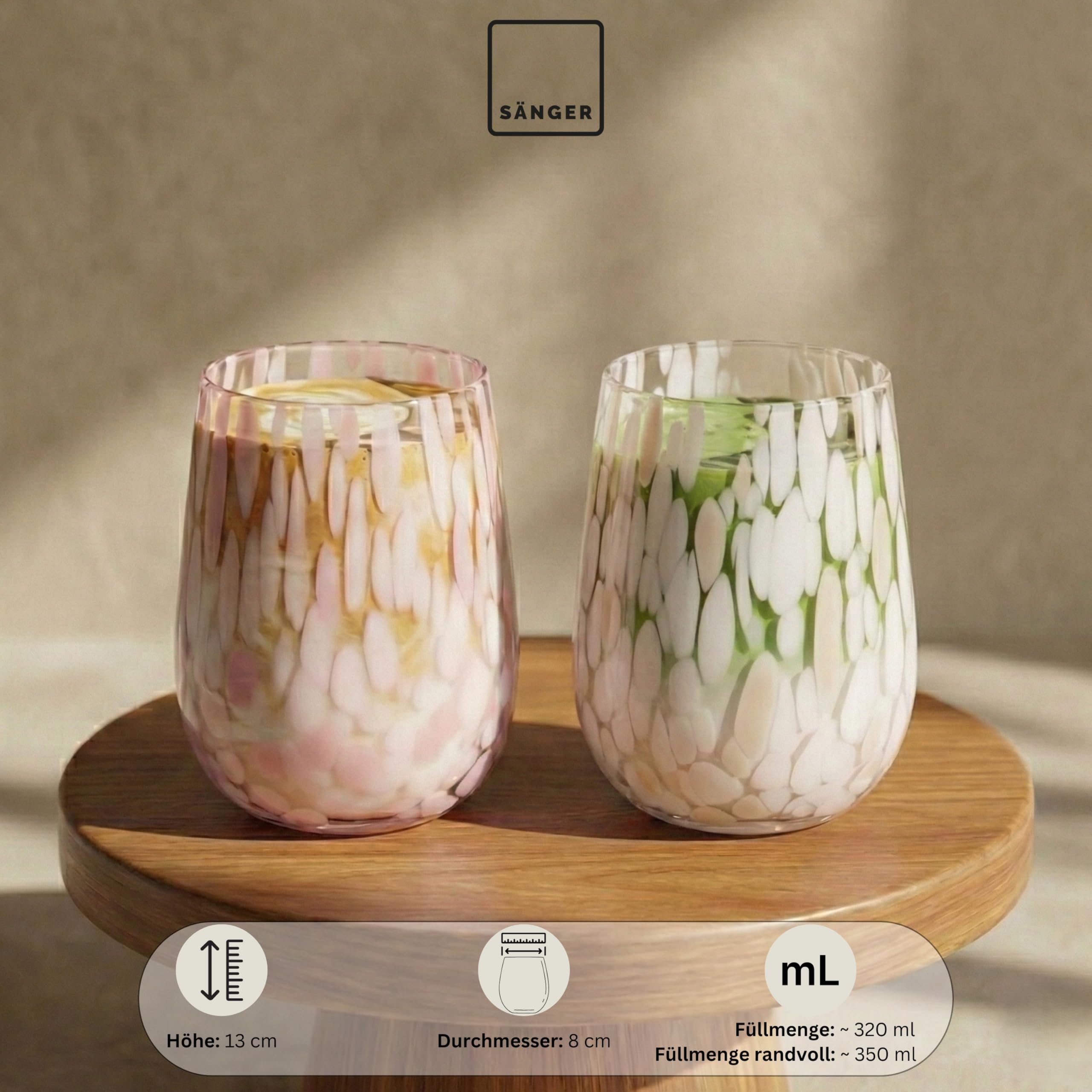 Sänger Trinkgläser Set Curacao 6-teiliges Gläser Set für 6 Personen aus Glas, Wasserglas, Mehrfarbig, einzigartiges Design, Alltag, Familienessen, Büro, Outdoor Saftgläser Set | 320 ml