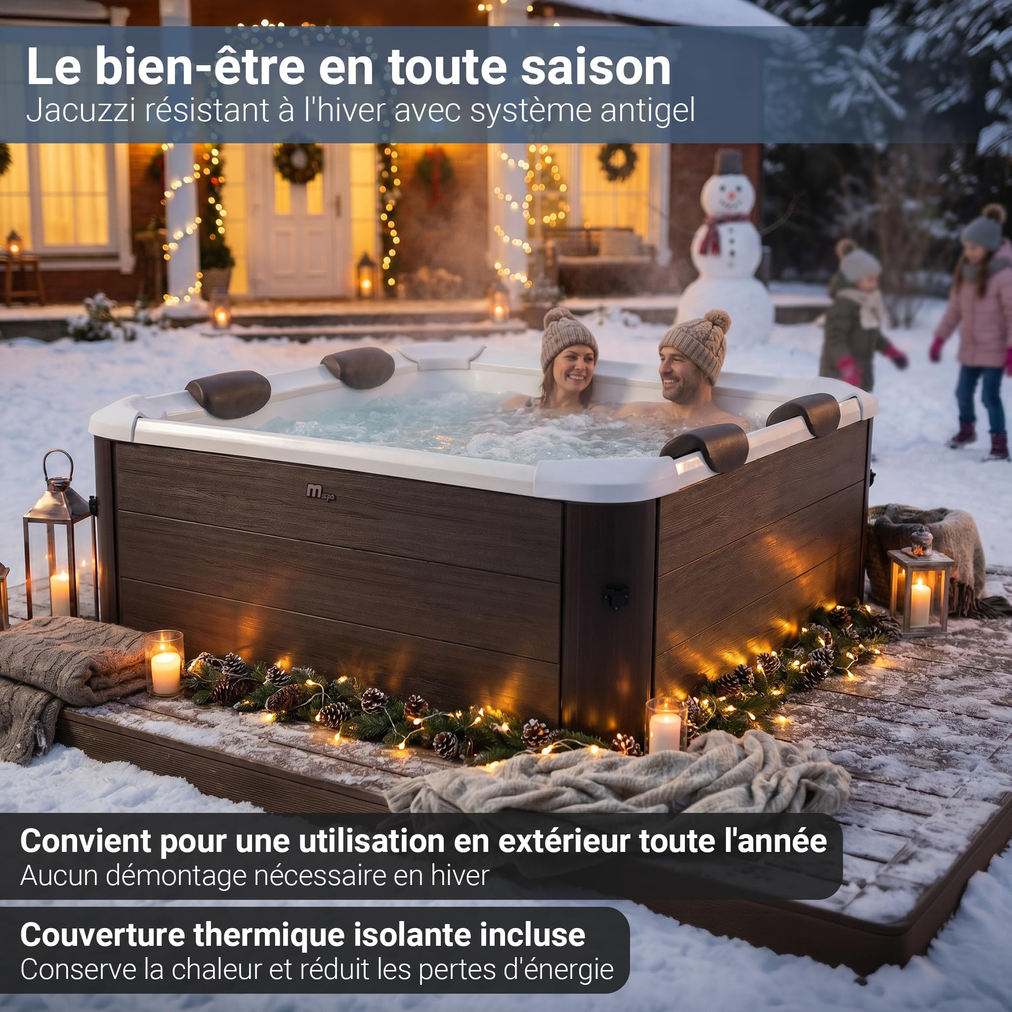 Miweba MSpa Spa extérieur Tribeca paroi Rigide - Contrôle Via Application - Spa 6 Personnes 160x160x65 cm - 120 Buses de Massage - Utilisation Toute l’année Hiver résistant