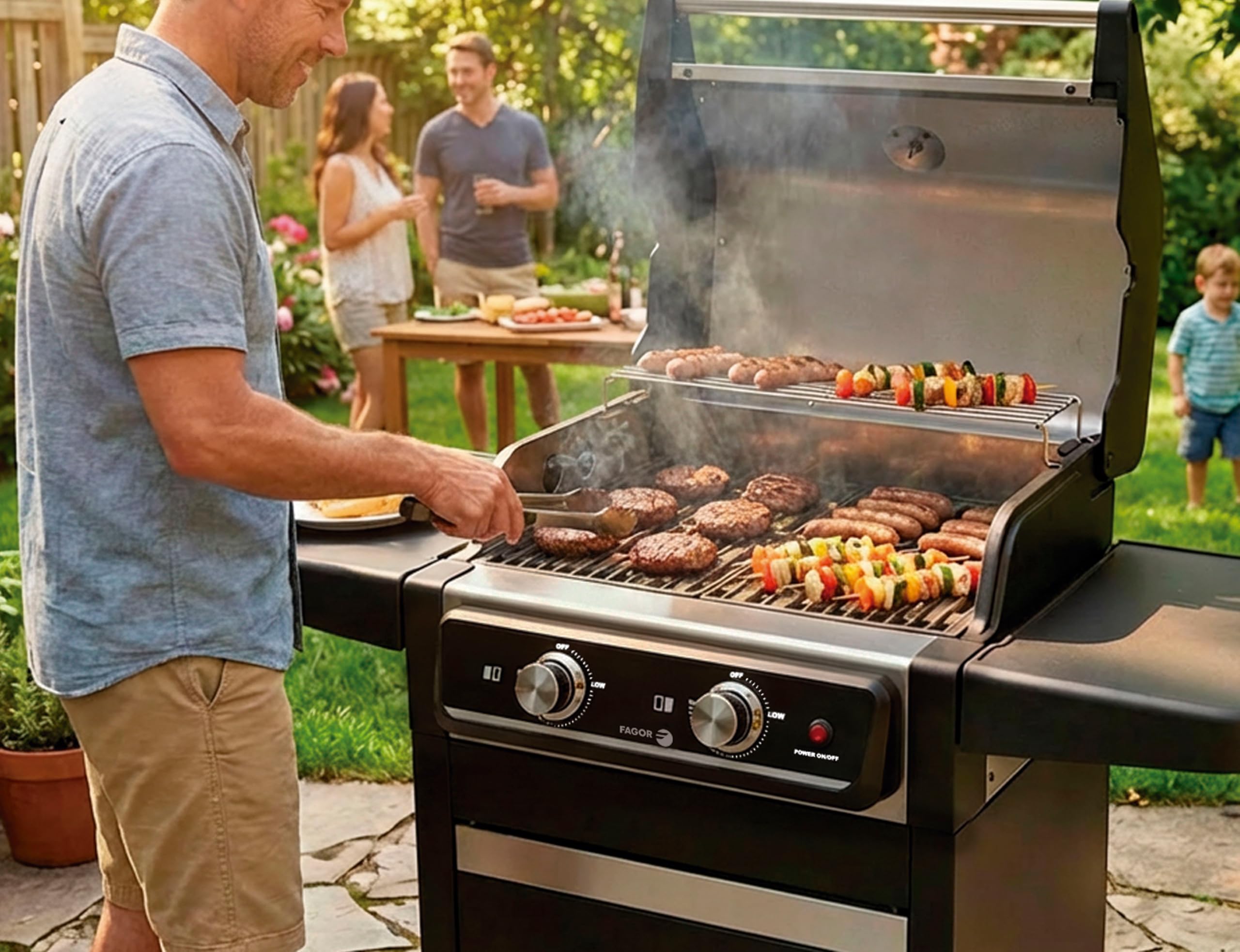 FAGOR BBQ Force Grill Barbacoa Eléctrica 3000W Exterior e Interior con Patas y Armario, Temperatura 330ºC, Doble Zona Cocinado, Sin Humo, Gran Superficie, Limpieza Fácil, Negro