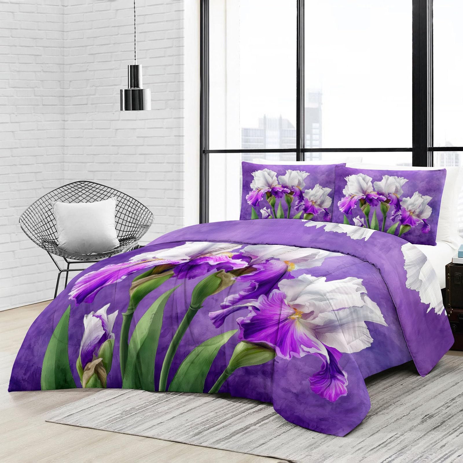 Kołdra pikowana na 4 pory roku, 155 x 220 cm, z roślinami, irys, ciepła i miękka kołdra do spania bez poszewki na poduszkę, liliowa