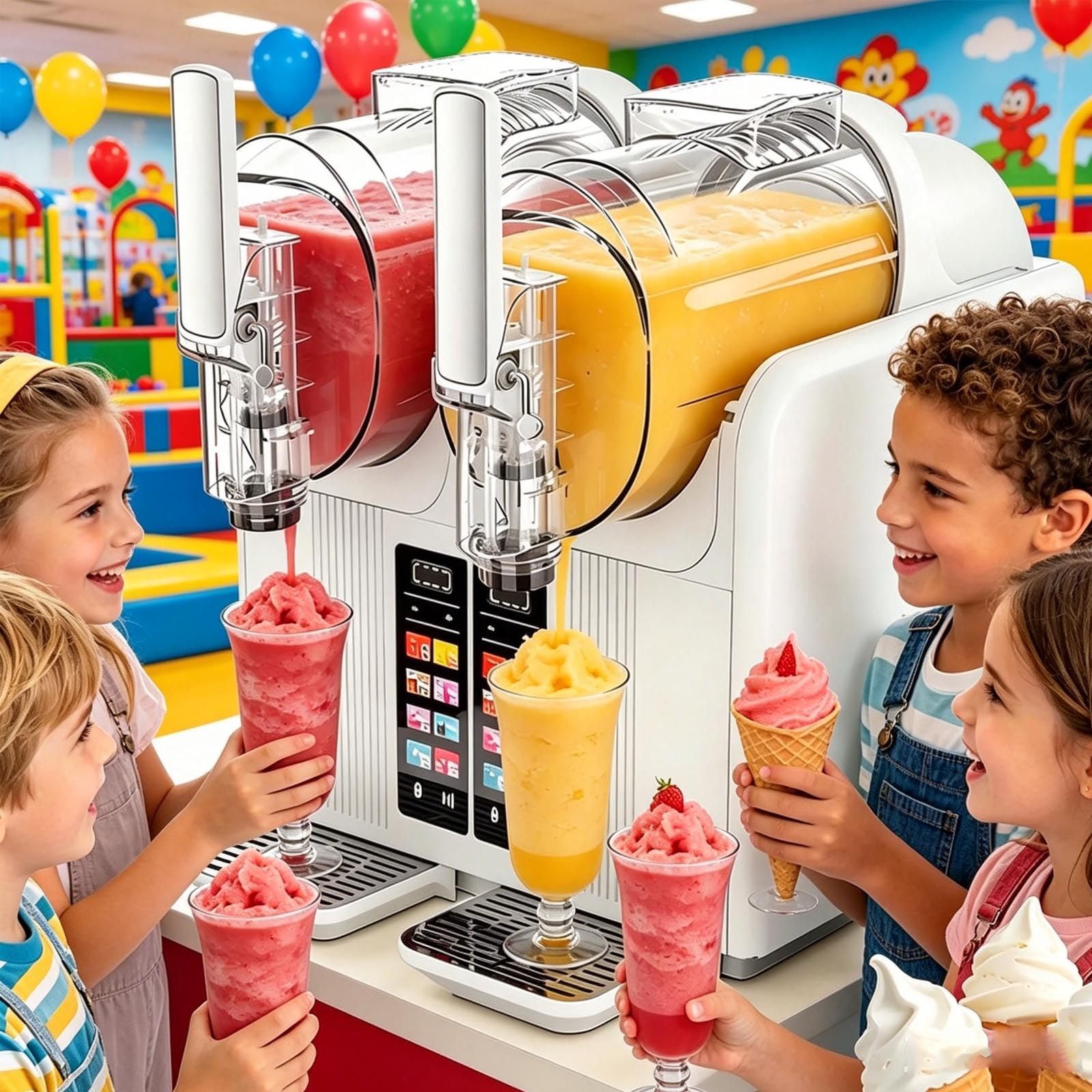 2 en 1 Máquina para Granizados y Helado – Doble Depósito 4L (2x2L), 7 Modos para Batidos, Leches, Cócteles – Autolimpieza, Pantalla Táctil – Casa, Cafetería, Fiestas WhiteB