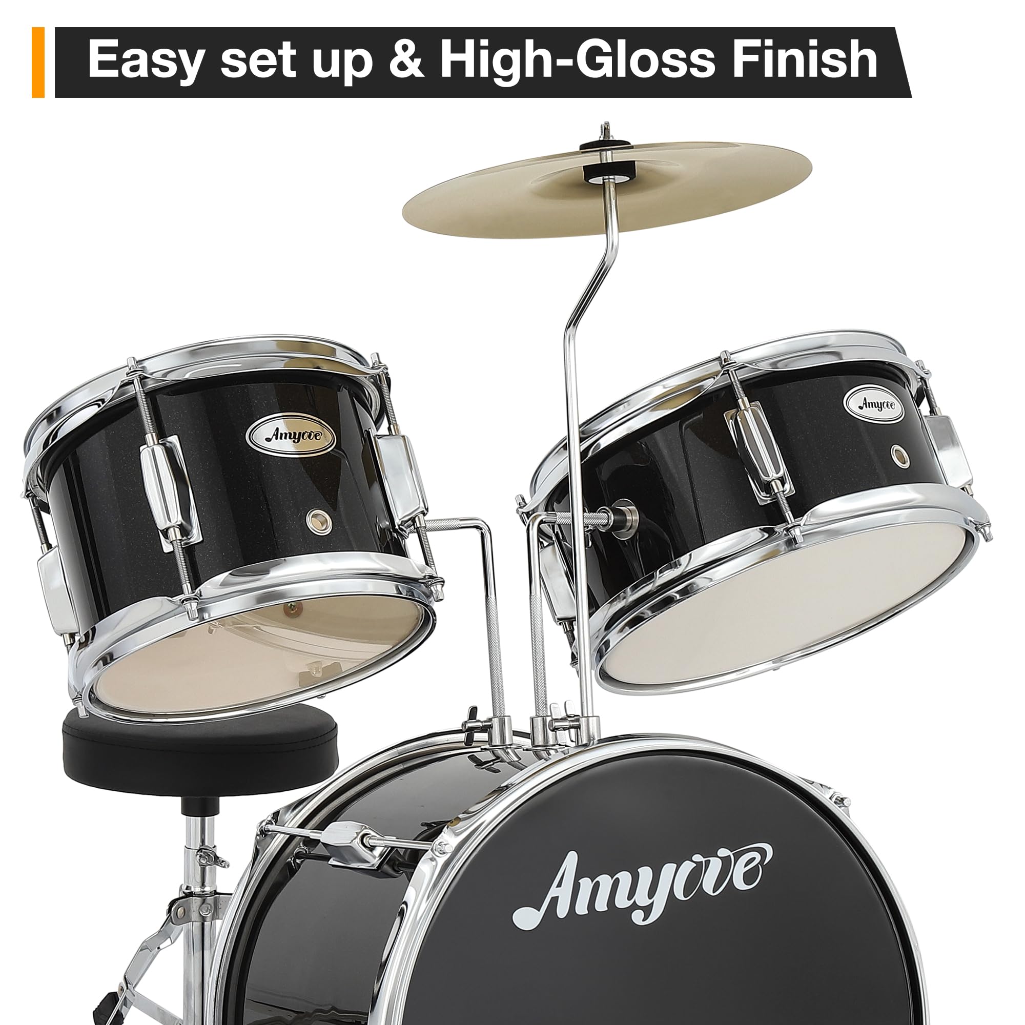 3-teiliges Schlagzeug-Set für Kinder – komplettes Musik-Set mit Bassdrum, Trommel, Tom, 10 Zoll (25,4 cm) Becken, Drumsticks, Hocker, Pedal – perfekt für Anfänger, Geschenk für Jungen und