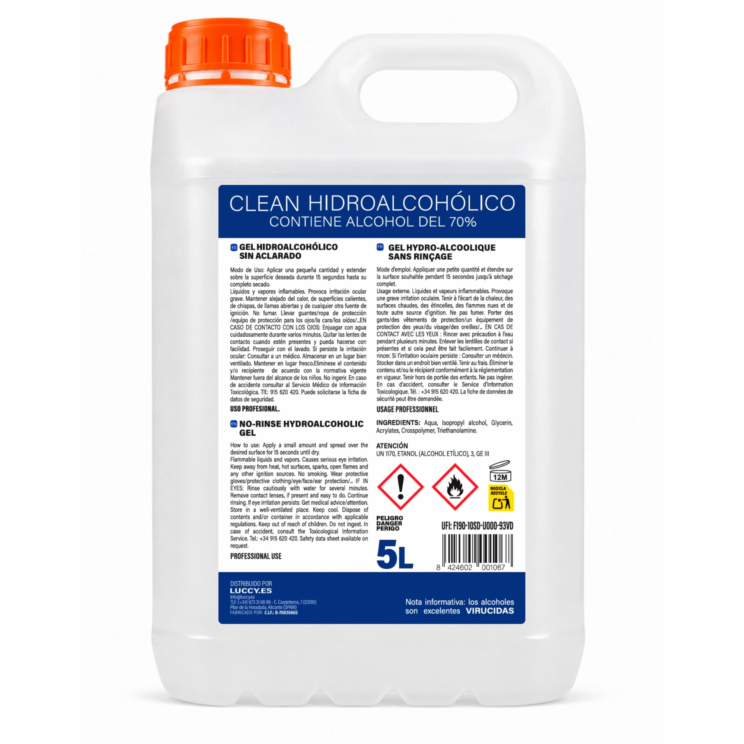 Gel Hidroalcohólico 5 litros | Loción Desinfectante de Manos Garrafa de 5 Litros | 70% Alcohol
