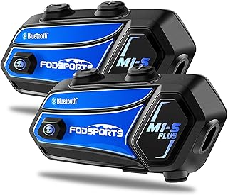FODSPORTS M1-S Plus Motorcycle Bluetooth Headset with Music Sharing, One-Click Pairing, Microphone Mute, FM, Helmet Intercom up to 8 Riders with Noise Cancellation, Wonderful Sound, Blue, 2 Pack