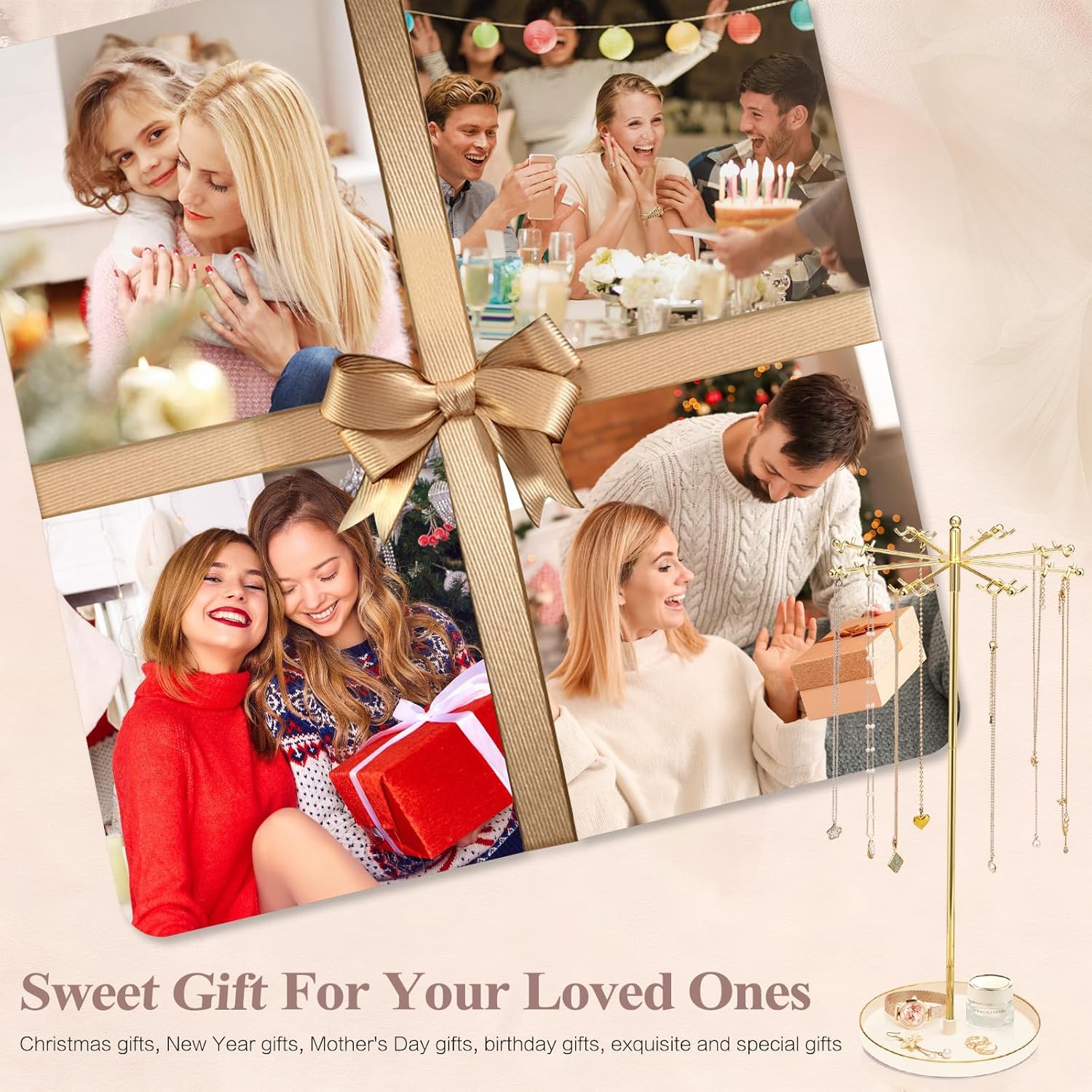 Necklace Holder Jewelry Stand, Rotating Necklace Holder Organizer with 32 Hooks, Metal Spinning Jewelry Display Stand for Long Necklace Earring Bracelet Keychain Tree Stand for Women Gold - Image 9