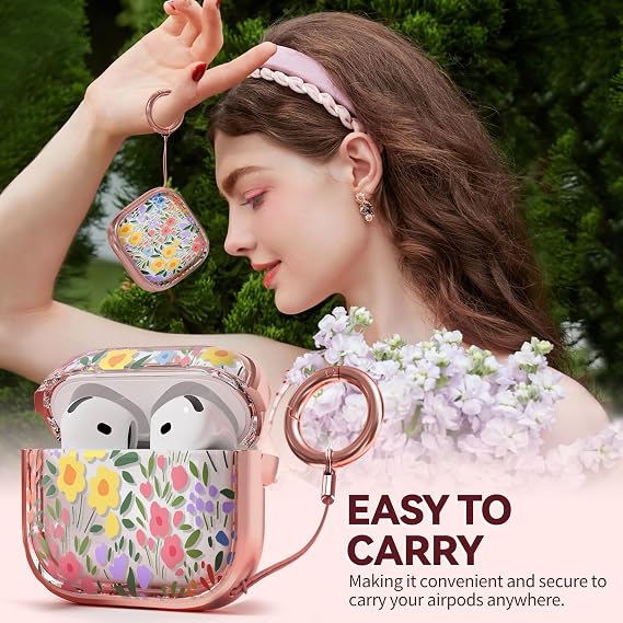 Inesore for AirPods 4 Case Cover 2024 with Lock- Seven Color Flower | Two-Piece Design,with Gold Keychain & Cleaning Pen,Support Wireless Charging,Cute Luxury Case for Women Girly