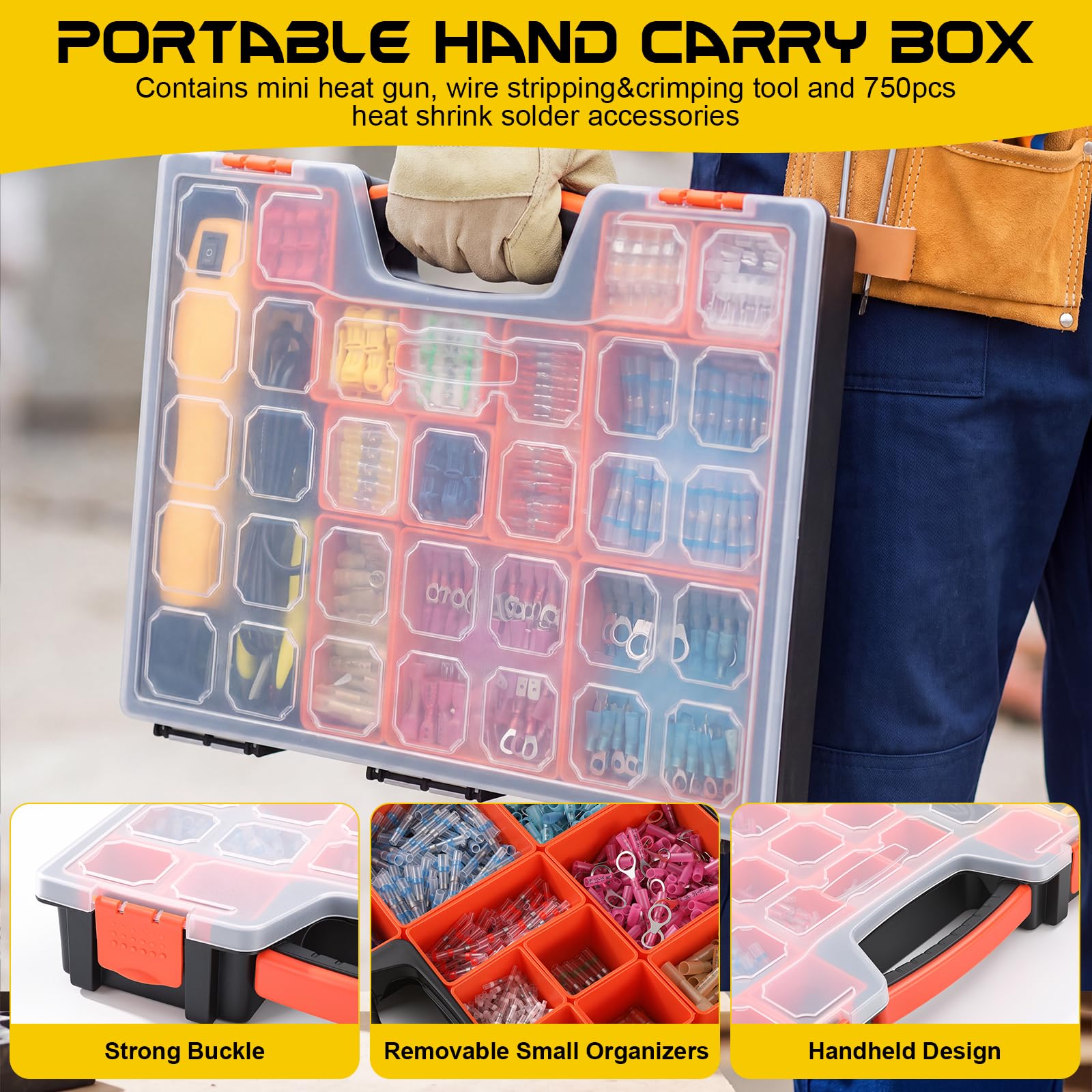 Kit de pistola de calor 3 en 1 con 750 conectores de alambre termorretráctiles y caja de almacenamiento, pistola de calor de 350 W con pelacables AWG22-10 y conectores de alambre de herramienta