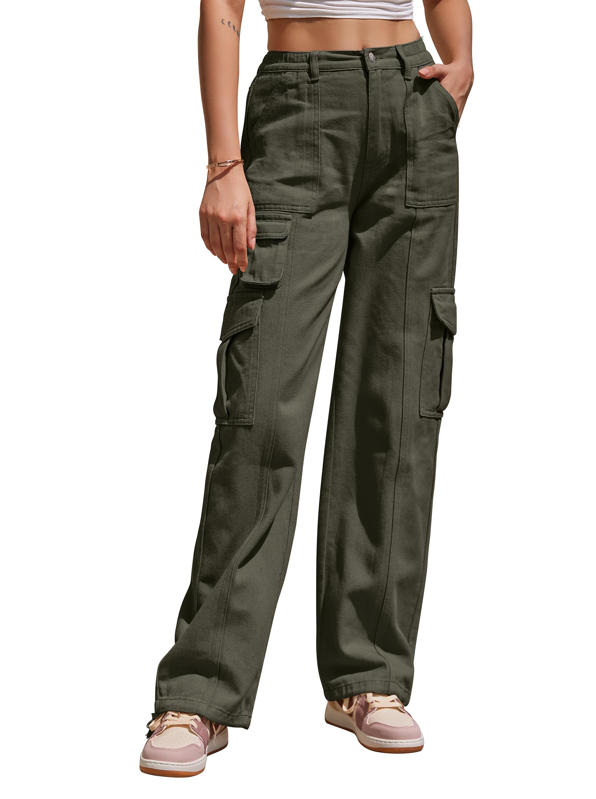 Hiistandd Women's High Waisted Cargo Pants Cotton Wide Leg Casual Pants Combat Military Work Trouser