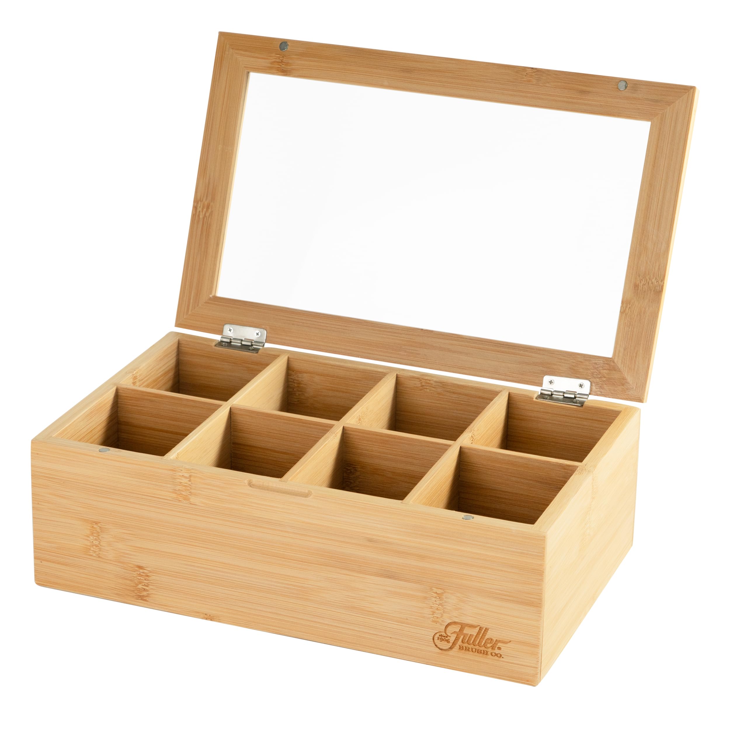 Fuller Bamboo Tea Box Organizer with 8 Compartments – Natural Bamboo Tea Storage Case with Clear Acrylic Lid – Elegant Fuller Tea Caddy for Tea Bags, Coffee Pods, Spices & More – Home & Office
