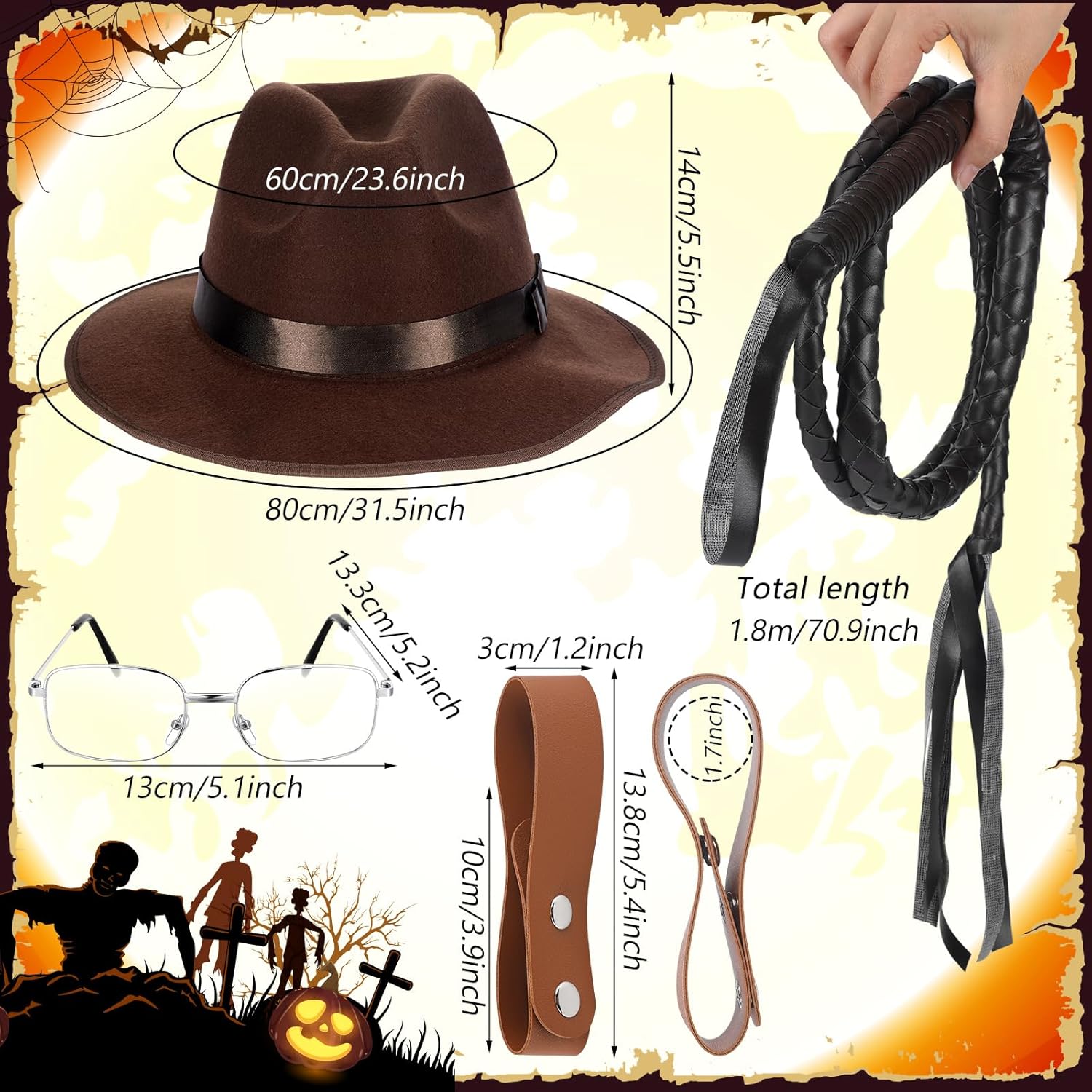 Fourluoo 8 Pcs Halloween Adventurer Costume Accessories for Men Steampunk Hat Whip Adult Cowboy Outfits Cosplay