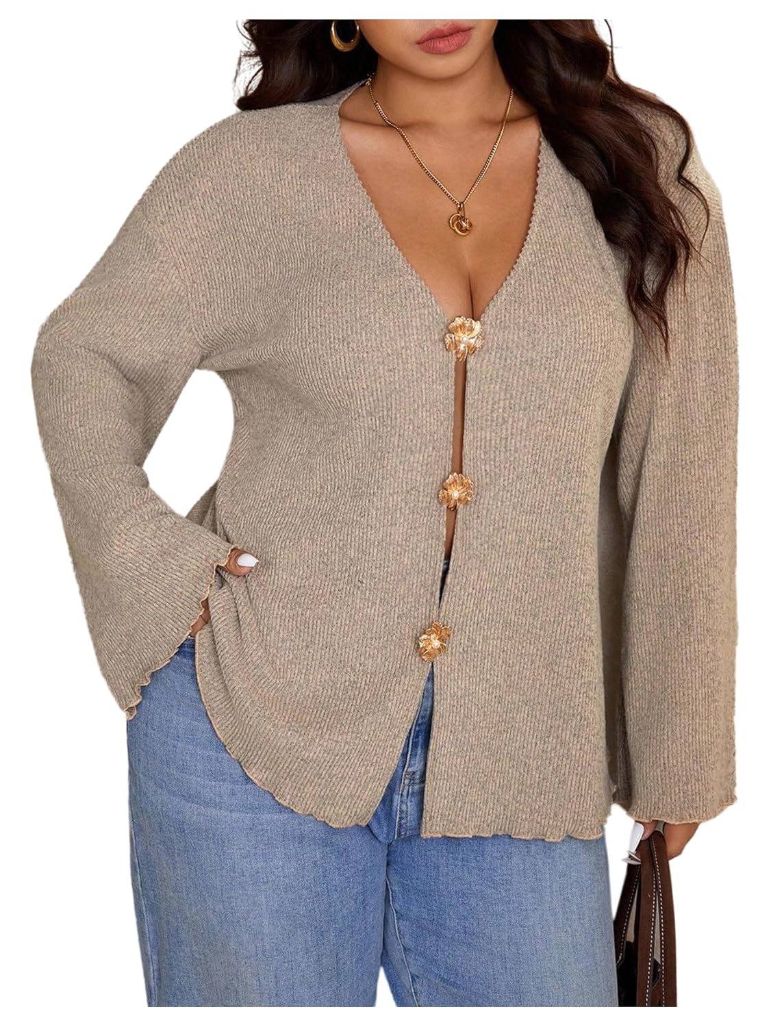 MakeMeChic Womens Plus Size Cardigan Sweater Fall Bell Sleeve Tops V Neck Metal Business Casual Outfits