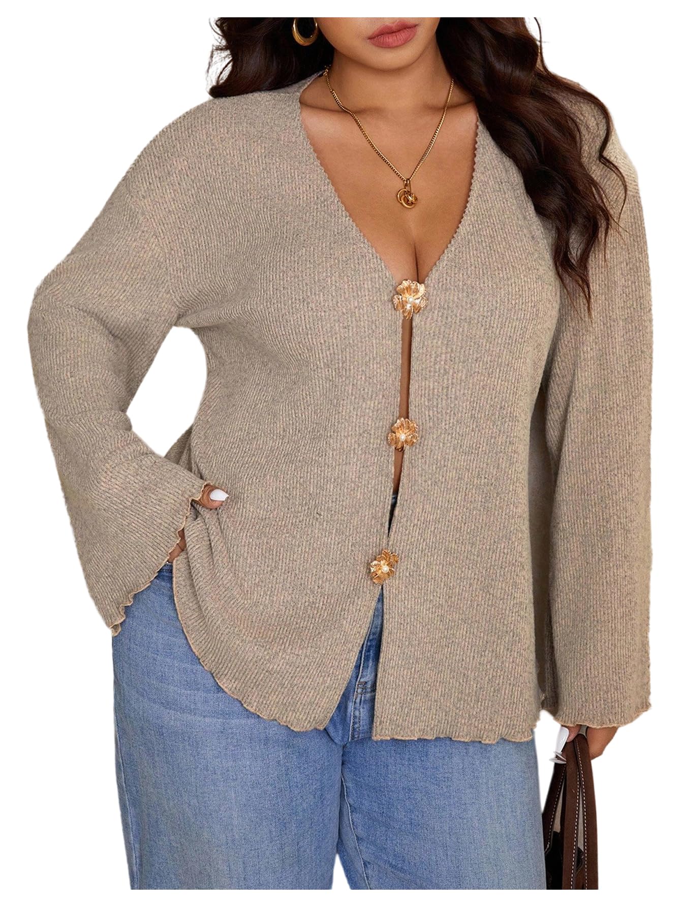MakeMeChic Womens Plus Size Cardigan Sweater Fall Bell Sleeve Tops V Neck Metal Business Casual Outfits
