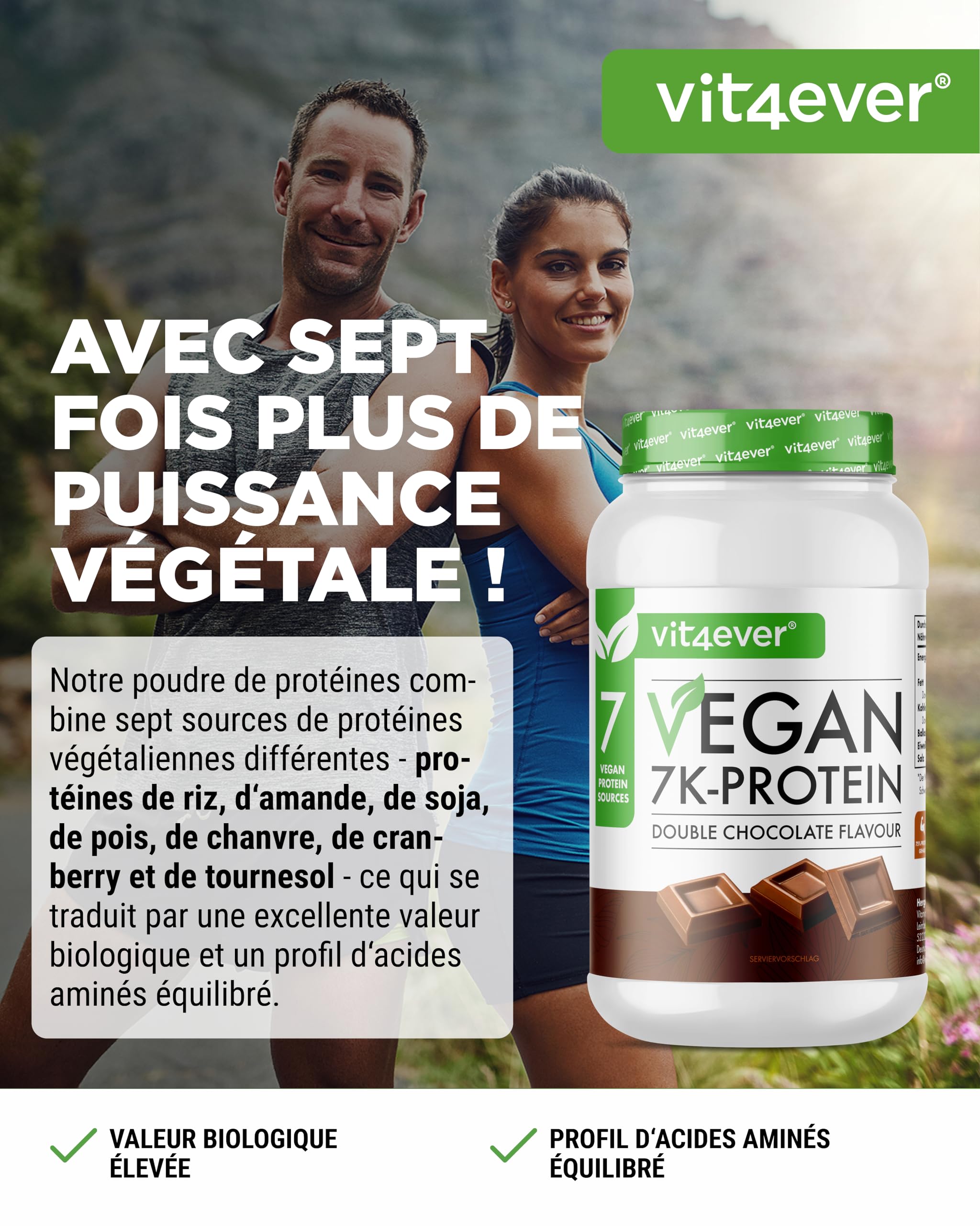 Vegan 7K Protein - 1kg -Double Chocolat - Poudre de protéine purement végétale avec des protéines de riz, d'amande, de soja, de pois, de chanvre, de canneberge et de tournesol.