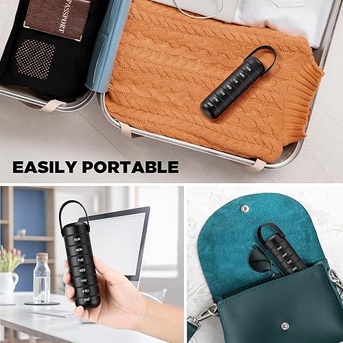 Miniatura 6 de Zannaki Pastillero semanal de metal, pastillero de viaje grande para 7 días, pastillero diario impermeable con mango de silicona, contenedor