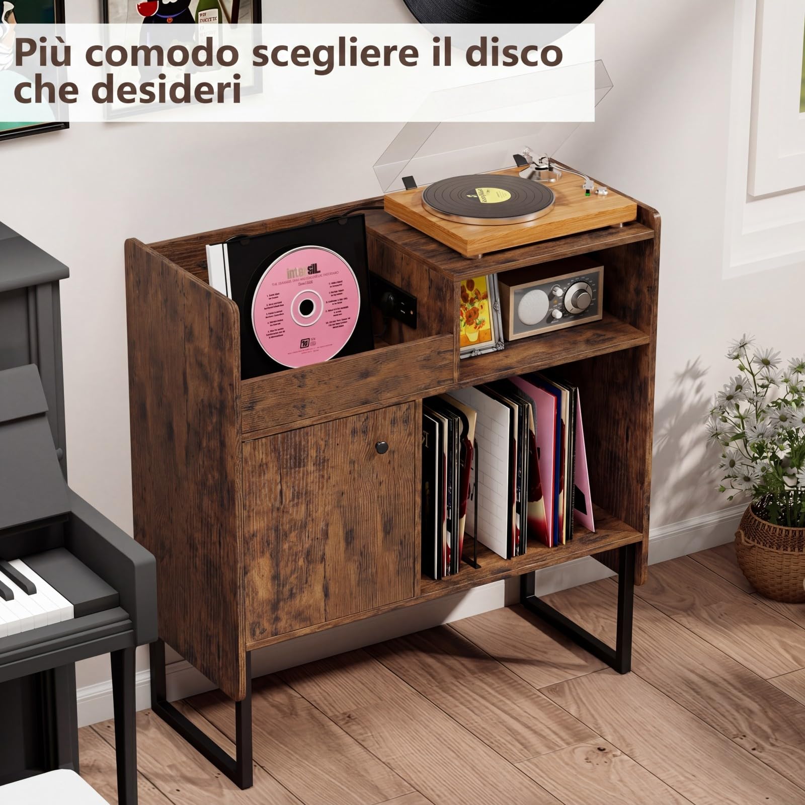 COSTWAY Mobile Giradischi con Stazione di Ricarica, Supporto Porta Vinili e Dischi, Tavolino con Armadietto e Scomparti Aperti, Stile Vintage, in Legno e Metallo, 80 x 35,5 x 85,5 cm