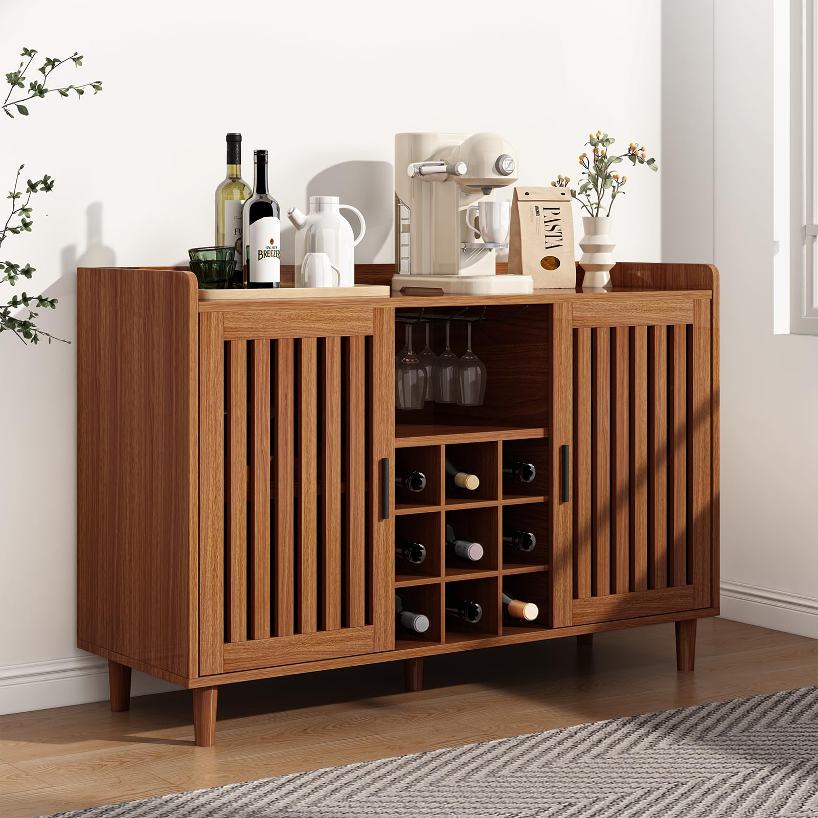 MAIYORAIT 47“ Wine Bar Cabinet Farmhouse Kitchen Buffet Sideboard with Storage Shelf, for Living Room Kitchen Entryway (Brown)