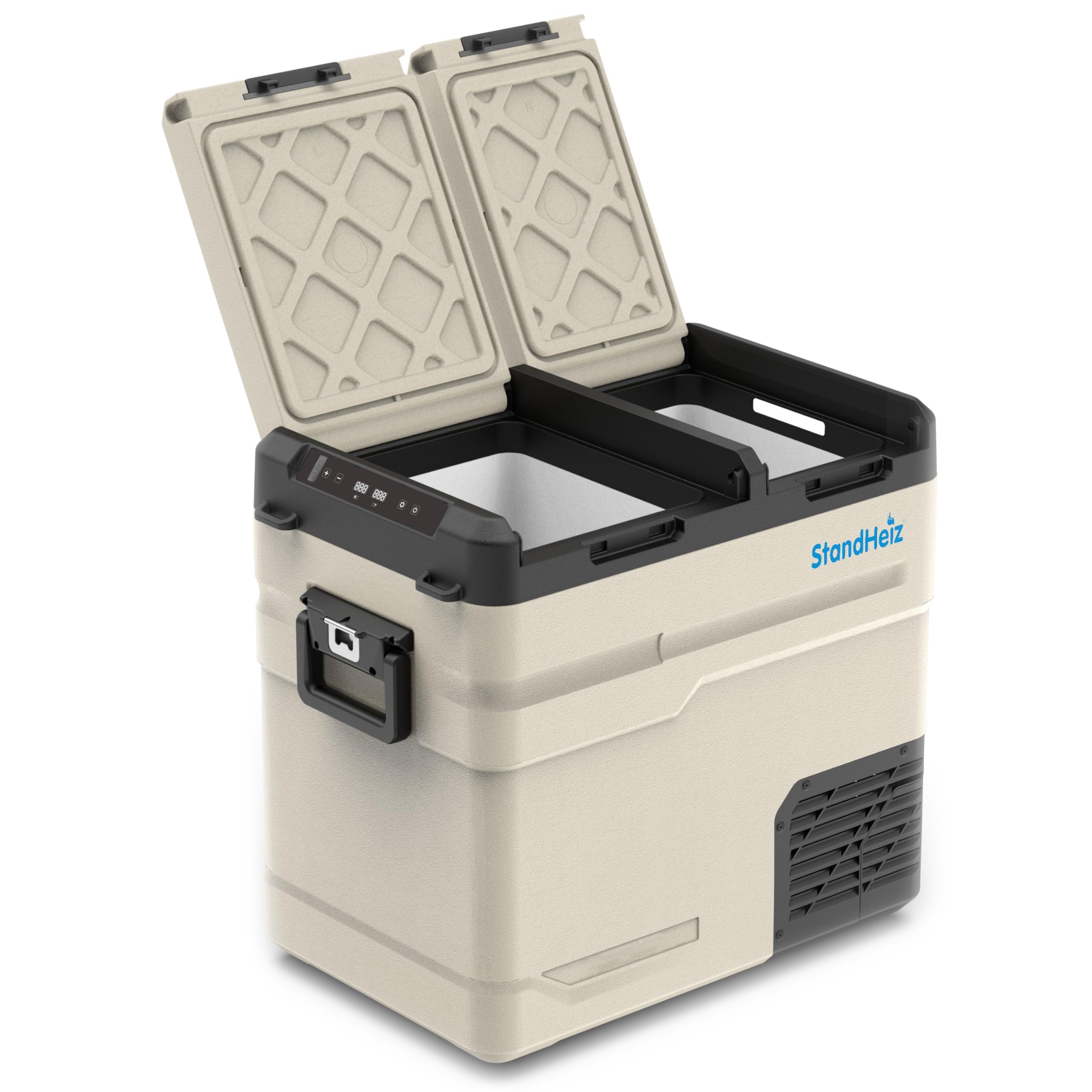 Kompressor Kühlbox 55L – Dual Zone Mini Kühlschrank mit App-Steuerung, 12V/24V/230V für Auto, LKW, Wohnmobil & Camping, Gefrierfunktion bis -20°C, Beige-Schwarz