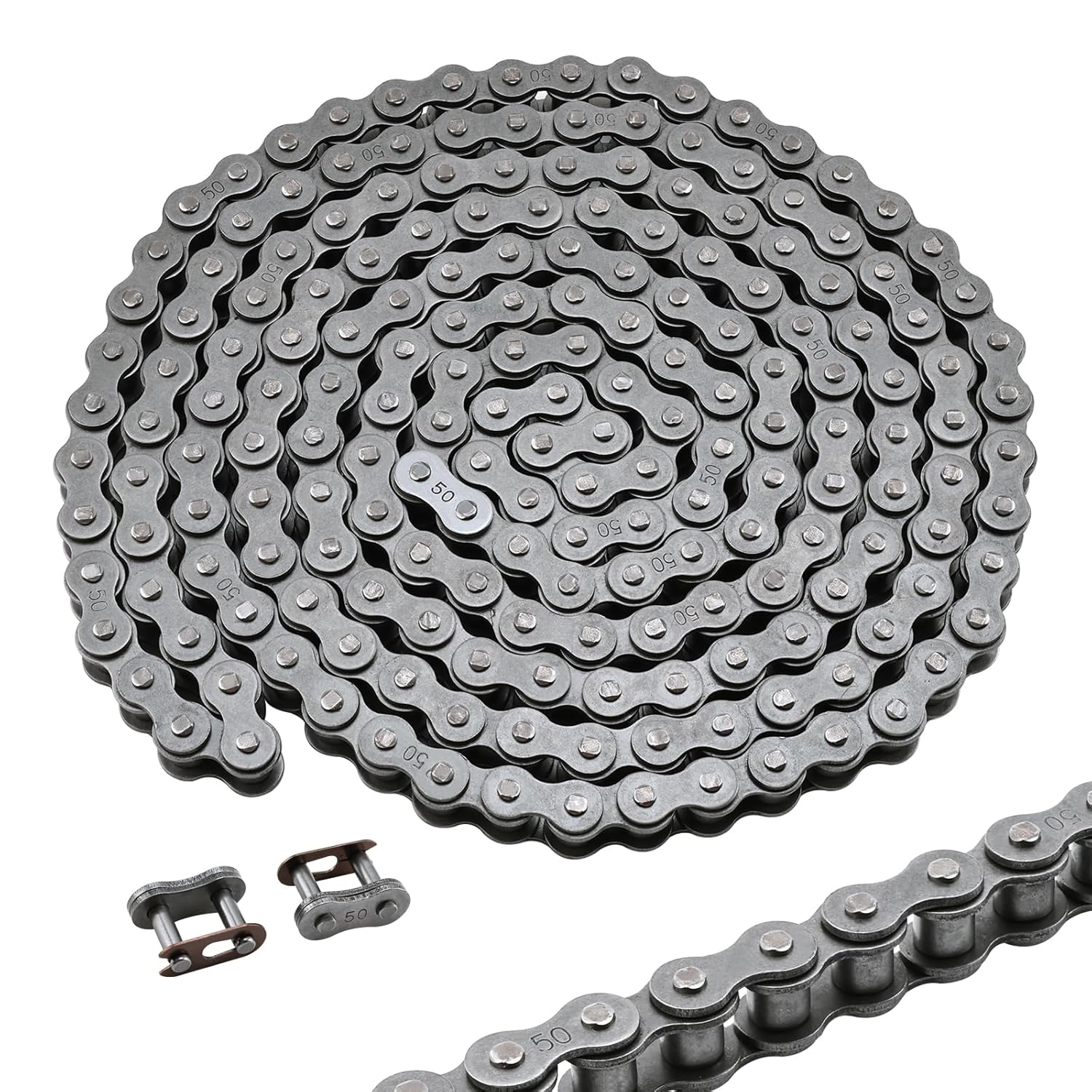 #50 Roller Chain, 10 Feet Carbon Steel Chain with 2 Free Connecting Links