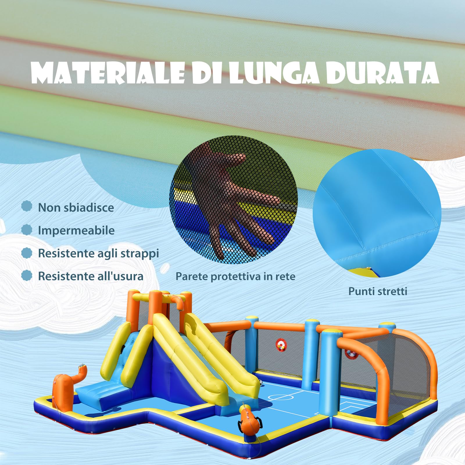 COSTWAY Castello Gonfiabile per bambini, Casa Gonfiabile con Scivolo, Piscina, con Borsa di Trasporto, Soffiatore e Kit di Riparazione, per 5 Bambini di 3-12 Anni, 465 x 500 x 200 cm