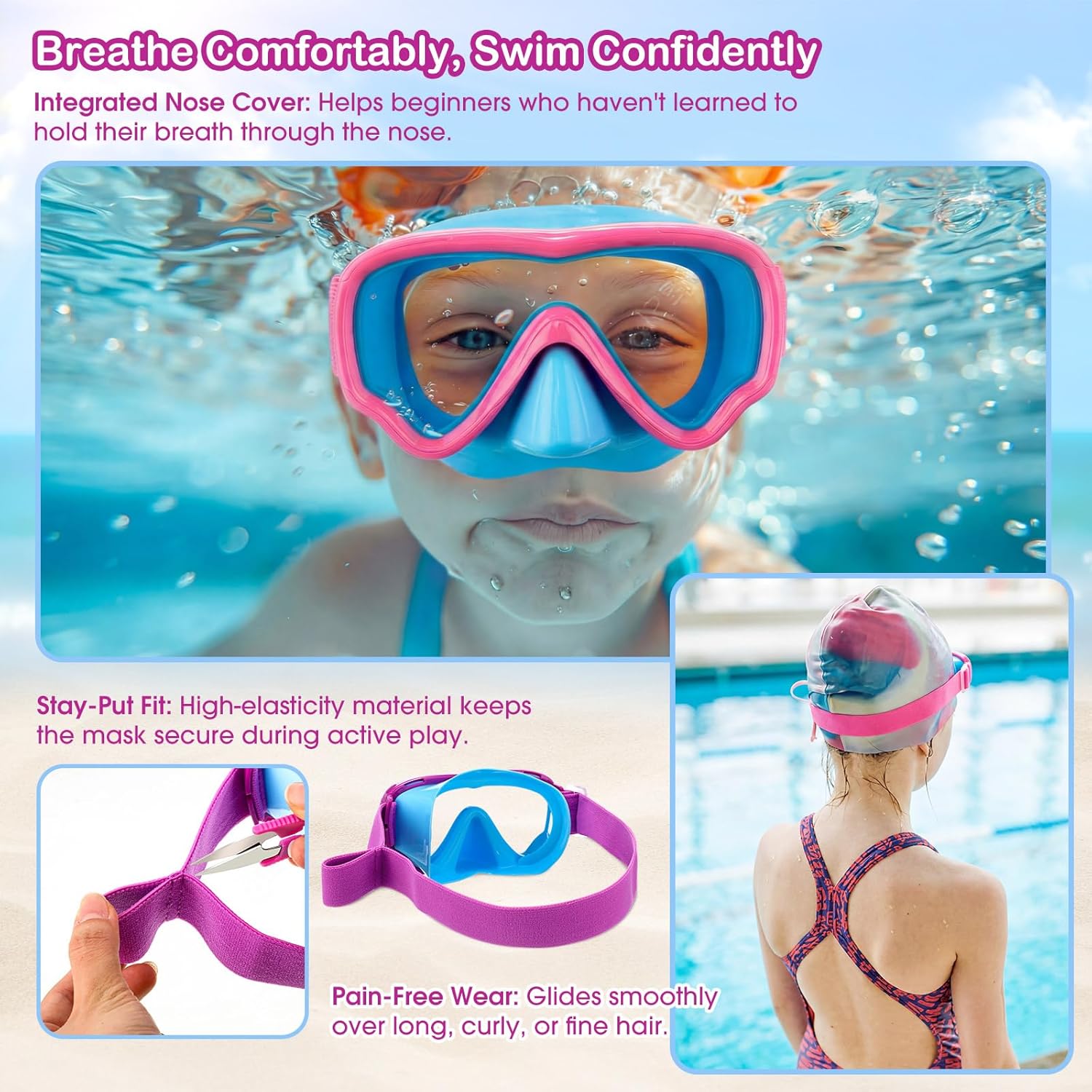 Yexiya 3 Pack Kids Swim Goggles with Nose Cover Snorkel Diving Mask Elastic Fabric Strap Anti Fog Anti Shattered Lens Pool Goggles with Storage Bag for Kids 3-14 Boys Girls Youth (Classic)