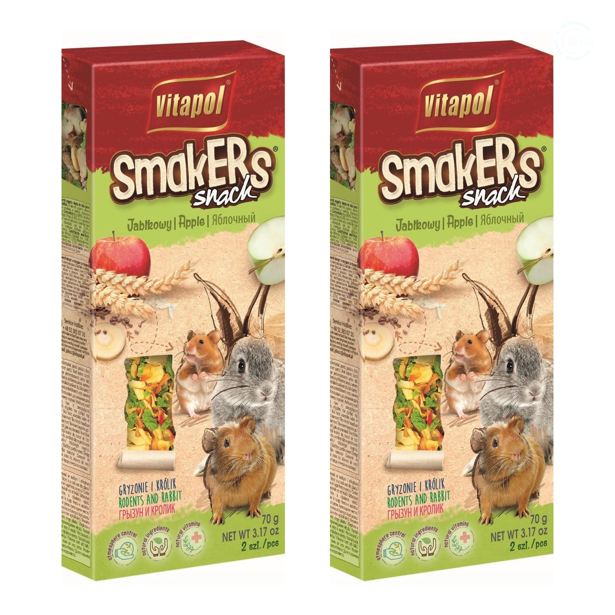 Vitapol Smakers® Natural Treat Sticks for Rodents & Rabbits – Enriched with Fruits, Vegetables, Herbs, Nuts & Probiotic Yoghurt – Healthy Complementary Snacks (4pcs, 180g, Apple)