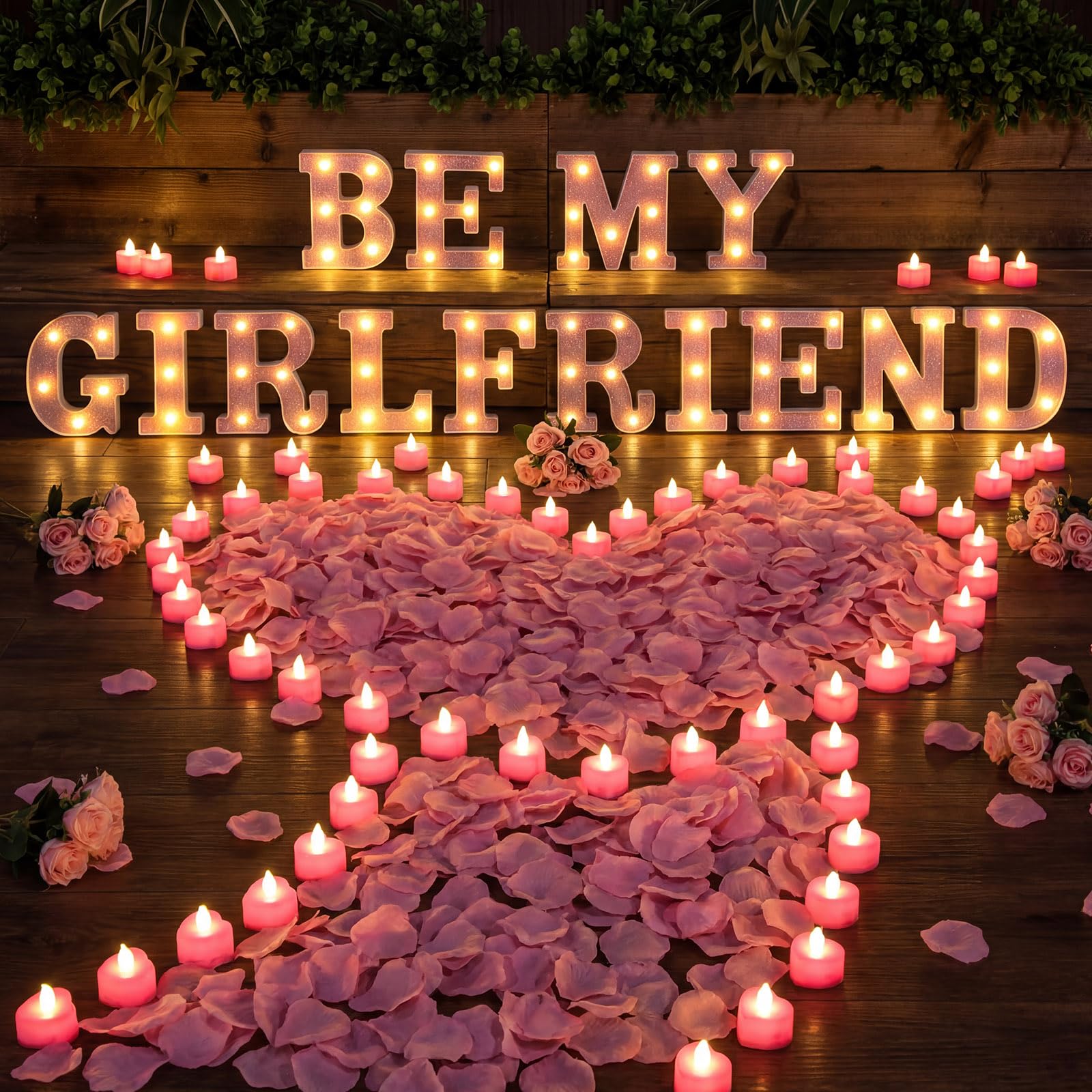 Ceenna 6038 letras iluminadas con texto en inglés "Be My Girlfriend", 24 letreros LED con 24 velas de corazón sin llama, 6000 pétalos de rosa artificiales, decoración romántica para el día de San