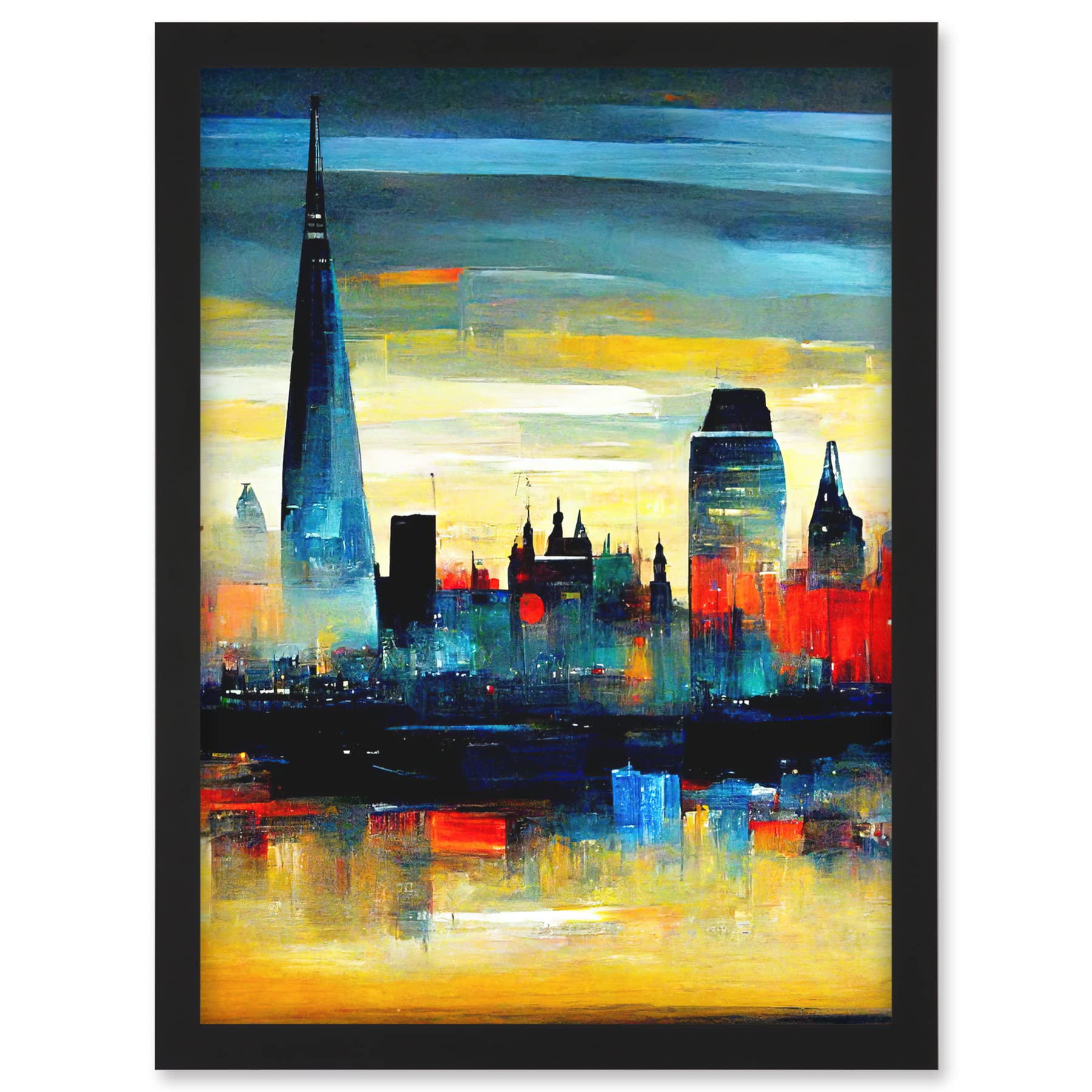 Doppelganger33 LTD London Skyline Reflecting On River Thames Modern Oil Paint Artwork Framed A3 Wall Art Print