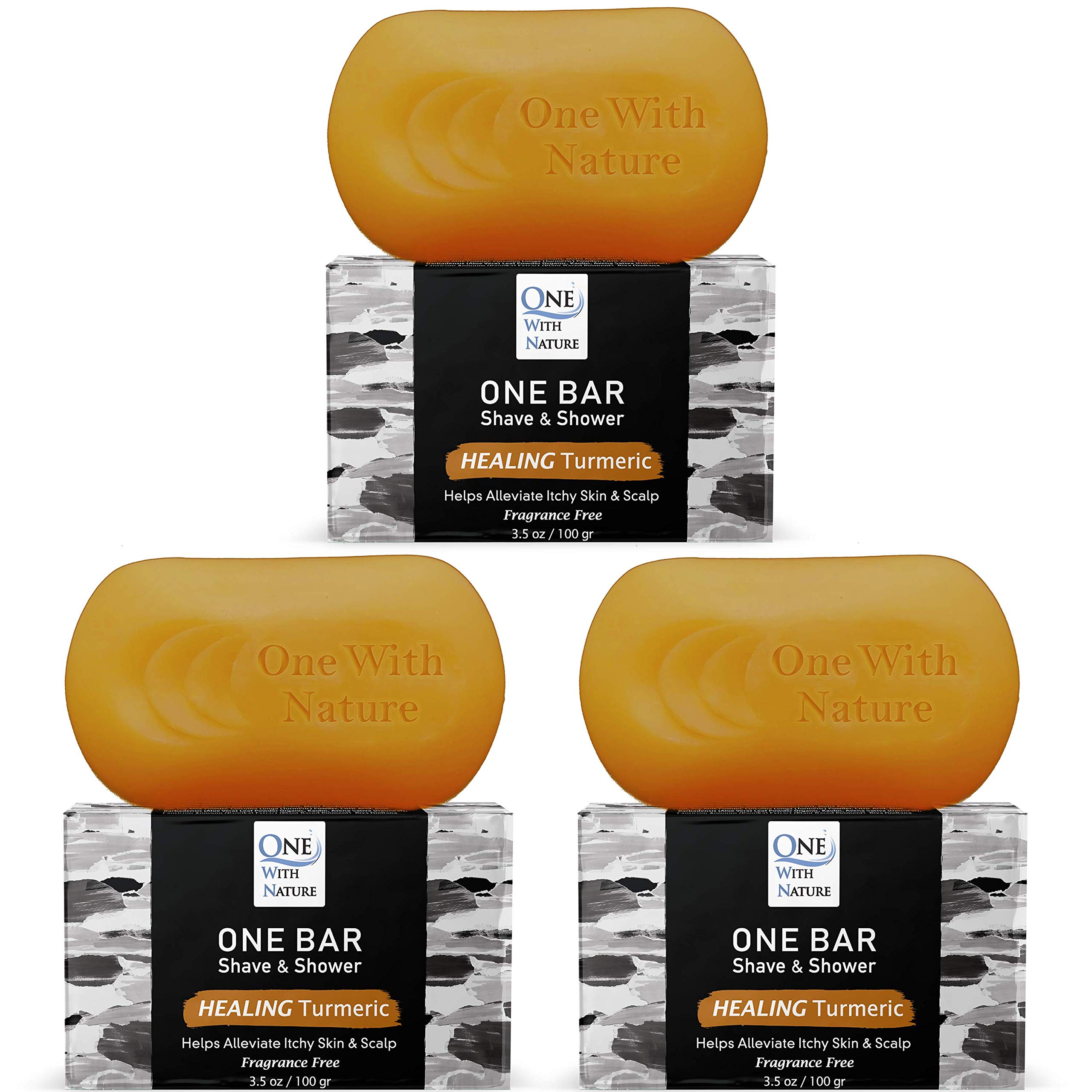 ONE Bar Healing Turmeric, Fragrance Free 3.5 oz 3 Pack - Shave, Shower, Shampoo, face, beard, body, hair/scalp, SuperFAT “oil” Infused: Avocado, Mango
