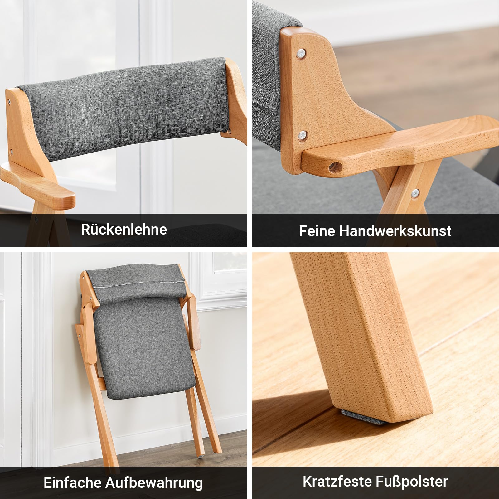 SoBuy Klappstuhl Holz mit Sitz- & Rückenpolster, montiert, 61,5x56x77,6cm | Ess- und Küchenstuhl klappbar, ergonomisch & platzsparend, 150 kg Tragkraft, für Gäste & Esszimmer & Büro & Balkon, FST98-HG