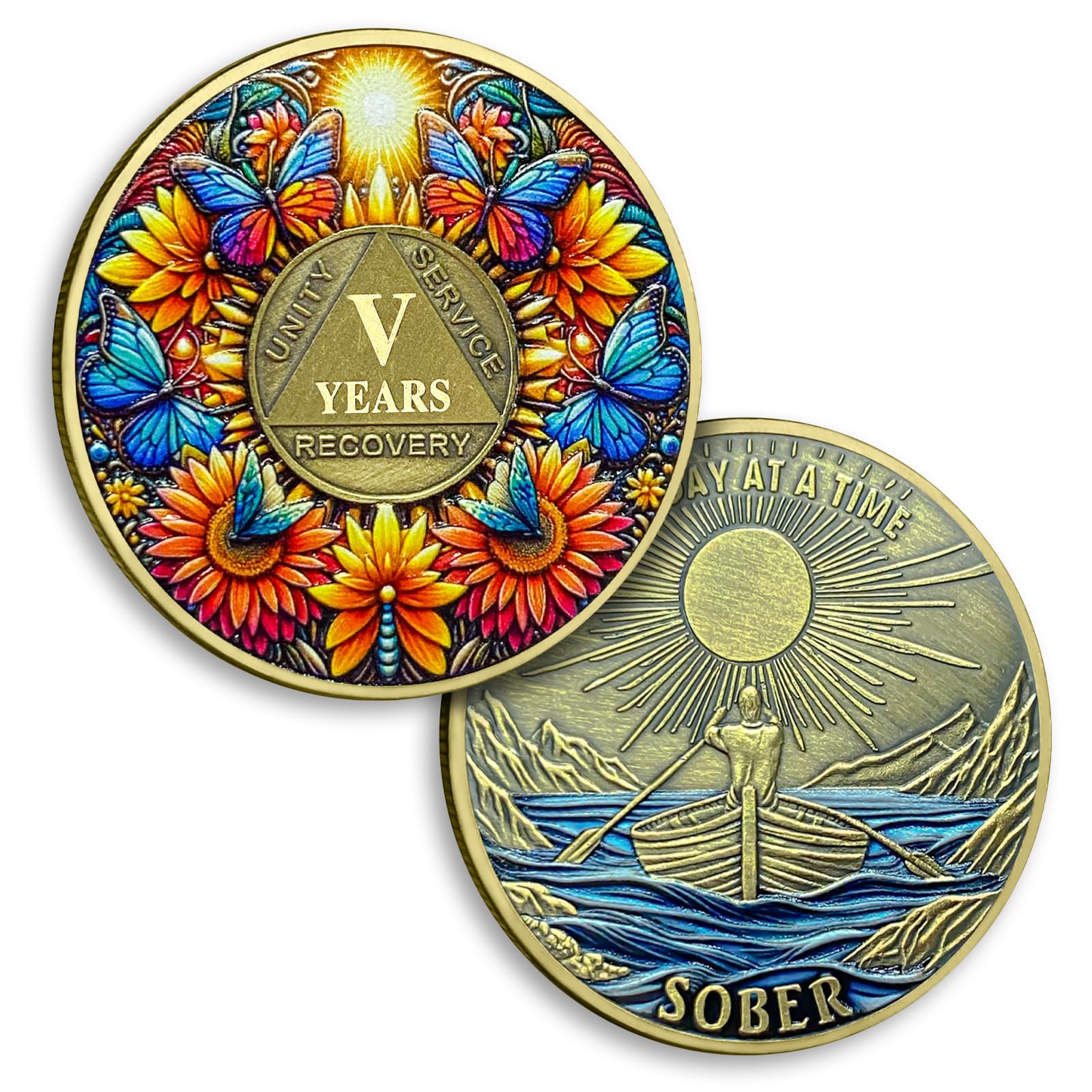 Sunflower Butterfly 5 Year Sobriety Coin, "One Day at A Time" AA Medallion | Recovery Coin with Token Capsule, Inspirational Sobriety Gift for Men &
