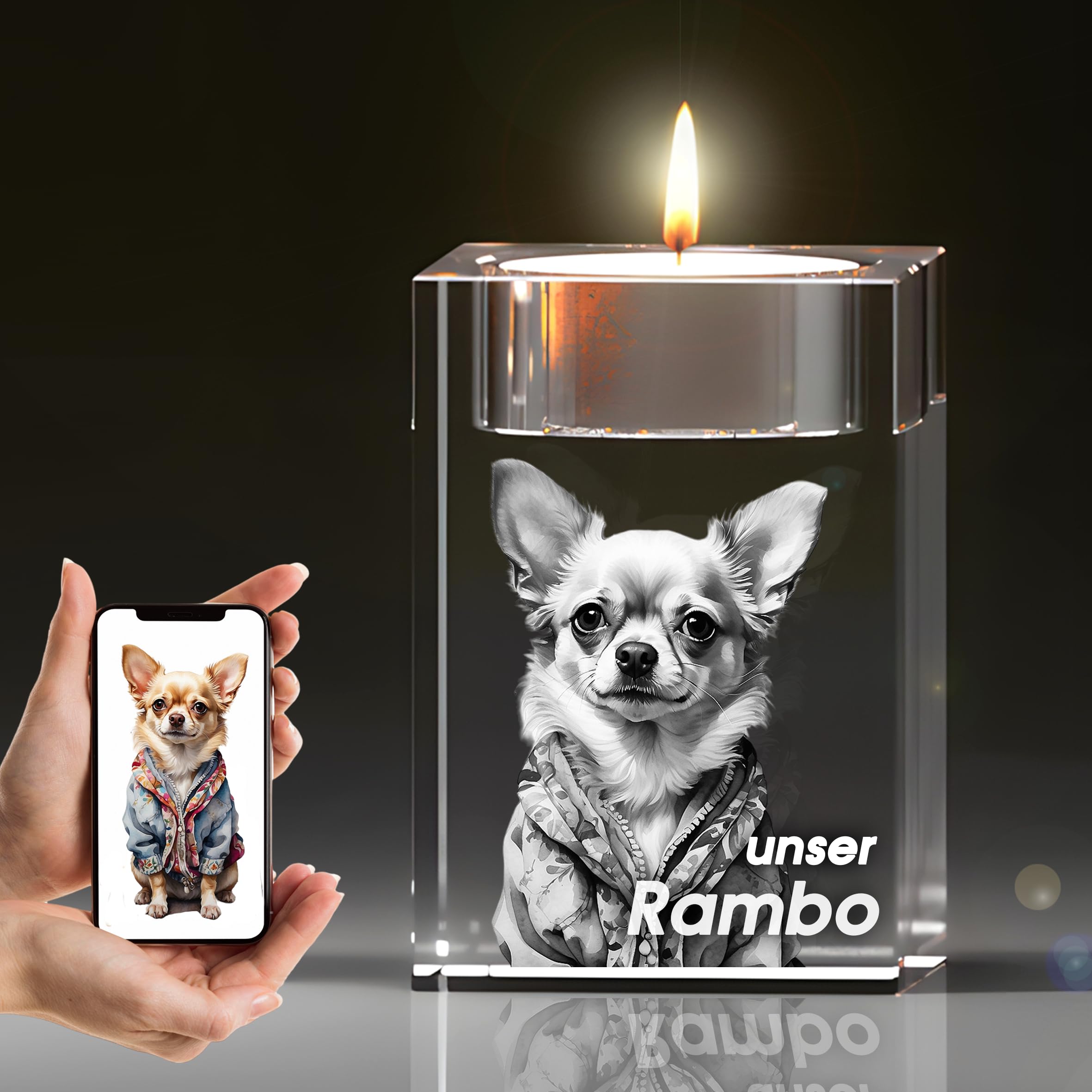 mit 3D-Gravur Teelichtvertiefung – Personalisiertes Erinnerungsstück für Haustiere, inkl. 3D-Lasergraviertes Bild, Erinnerung Haustier
