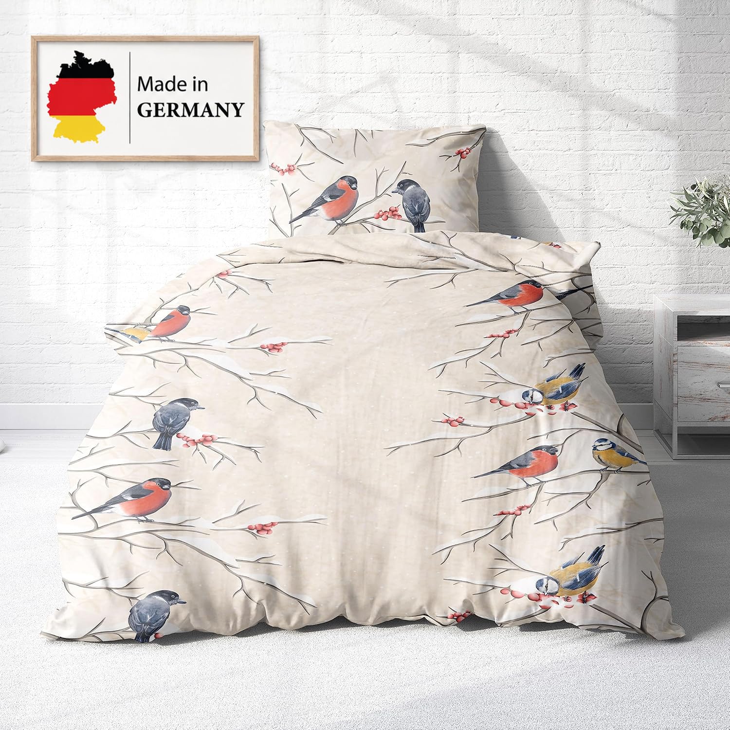 Träumschön Biber Bettwäsche Set 2tlg 135x200 cm + 80x80 cm – Flauschige Flanell Bettwäsche Weihnachten – Weiche Winterbettwäsche mit Vögel Motiv - Atmungsaktiv, Warm & Hautfreundlich
