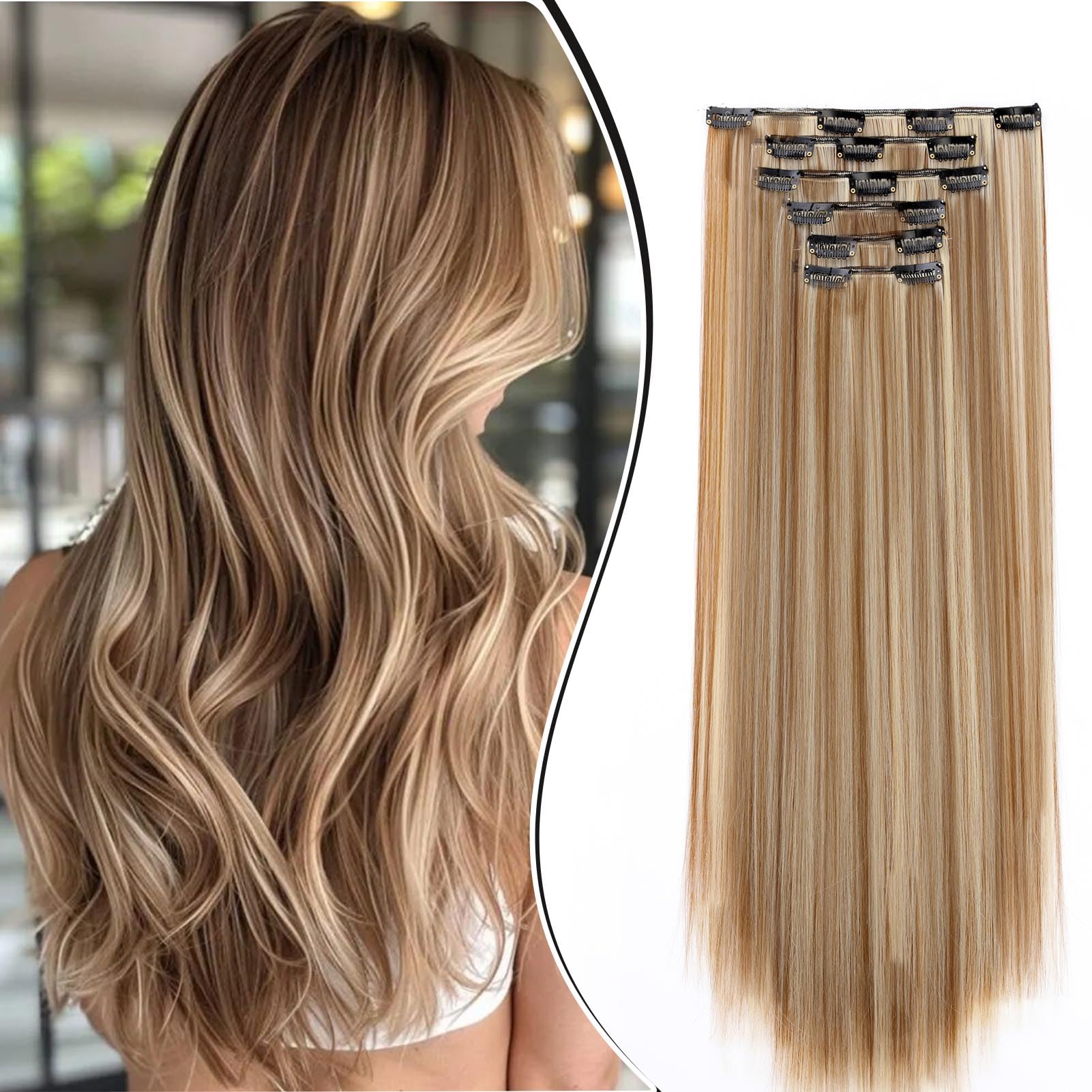 Dcbaboo Extension Capelli Clip Lisci 6 Fasce Clip in Hair Extension Capelli Sintetici Lunghi 58cm Posticci per Capelli Finti Estensioni Diritti Naturale per Donna, Marrone chiaro & Biondo