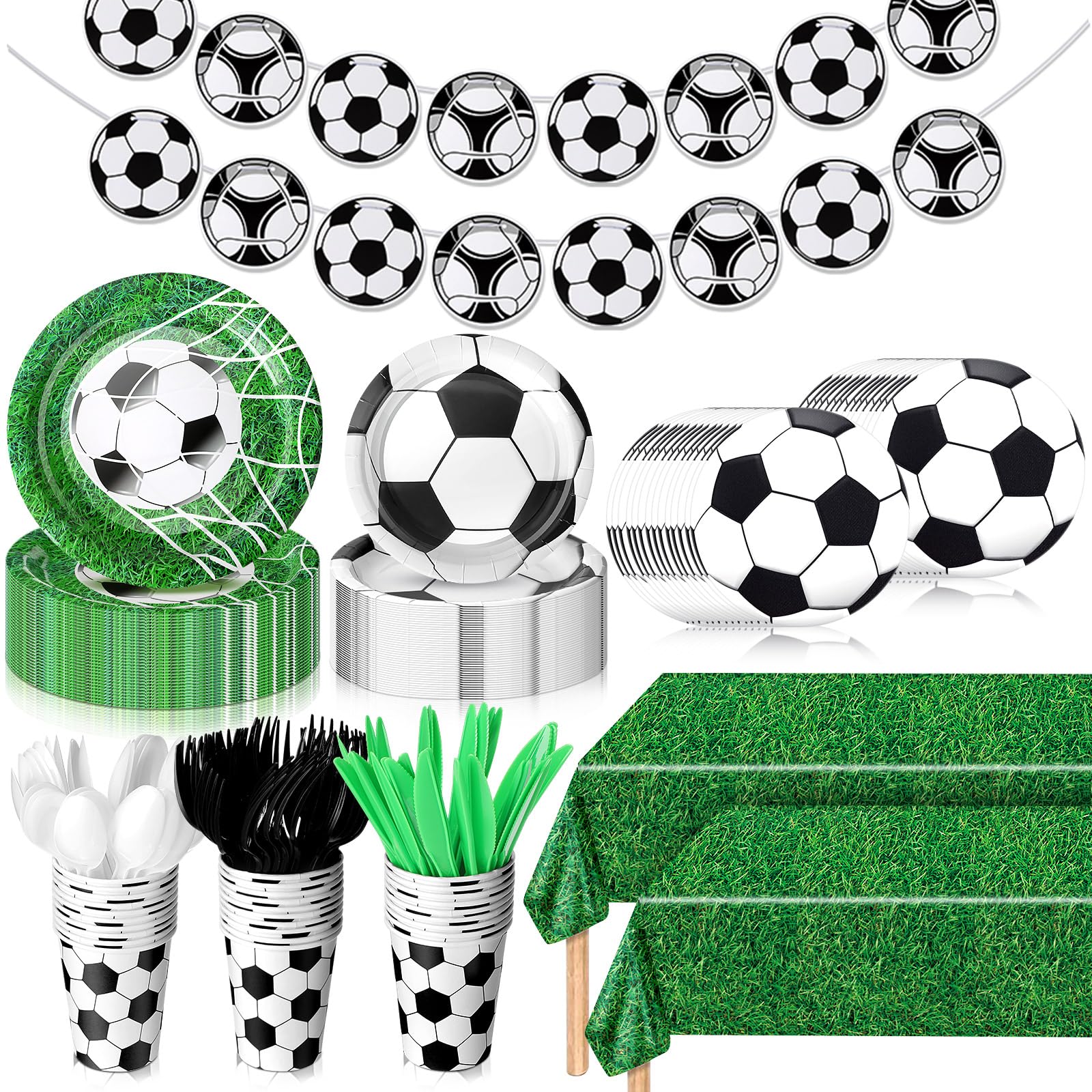 Domensi 214 Pcs Soccer Party Decorations Supplies Includes Soccer Paper Plates and Napkins, Cups, Tablecloths, Cutlery, Banner for Sports Birthday