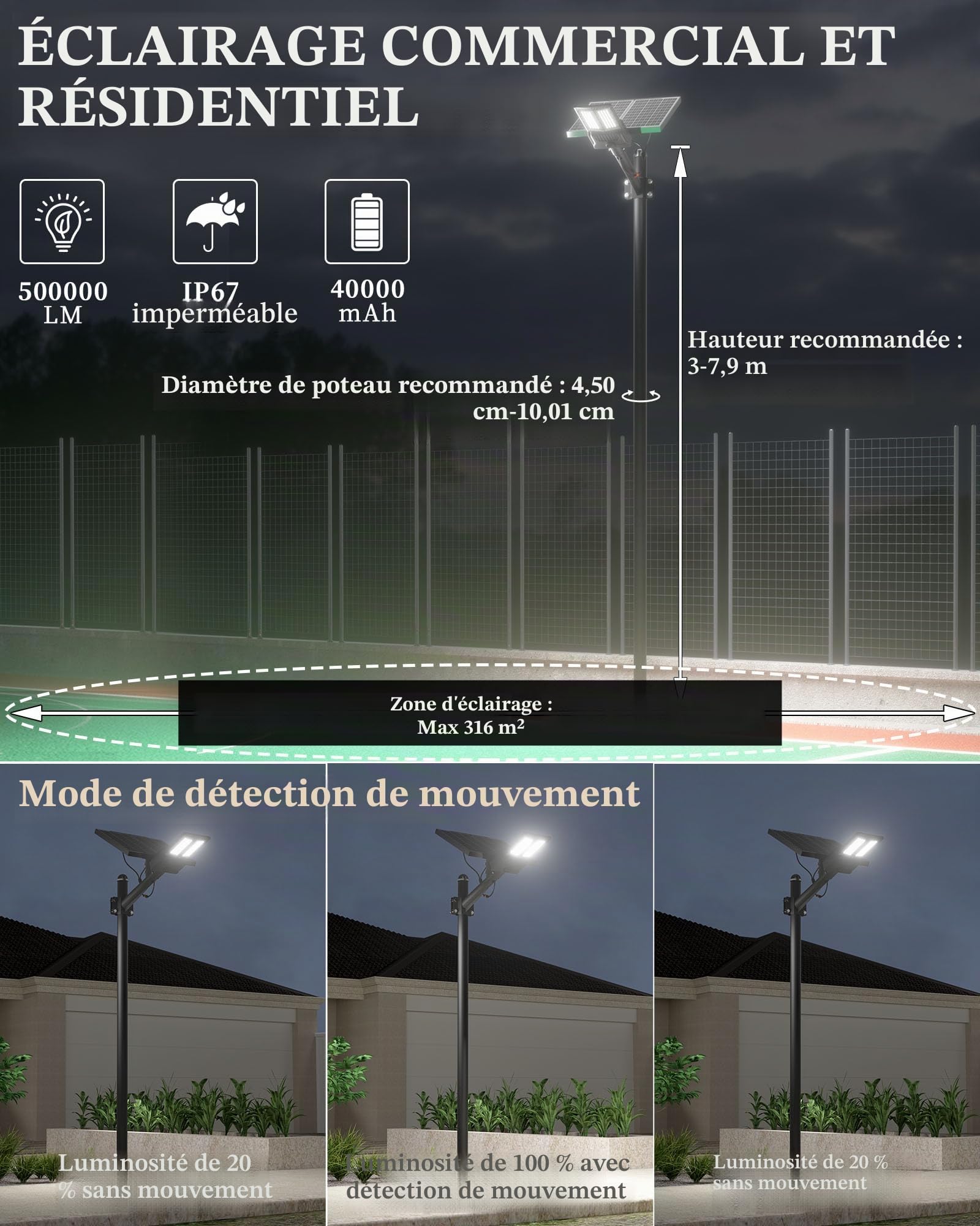 Gefolly SL-8600W Lampadaire Solaire Extérieur, Lampe Solaire Extérieur