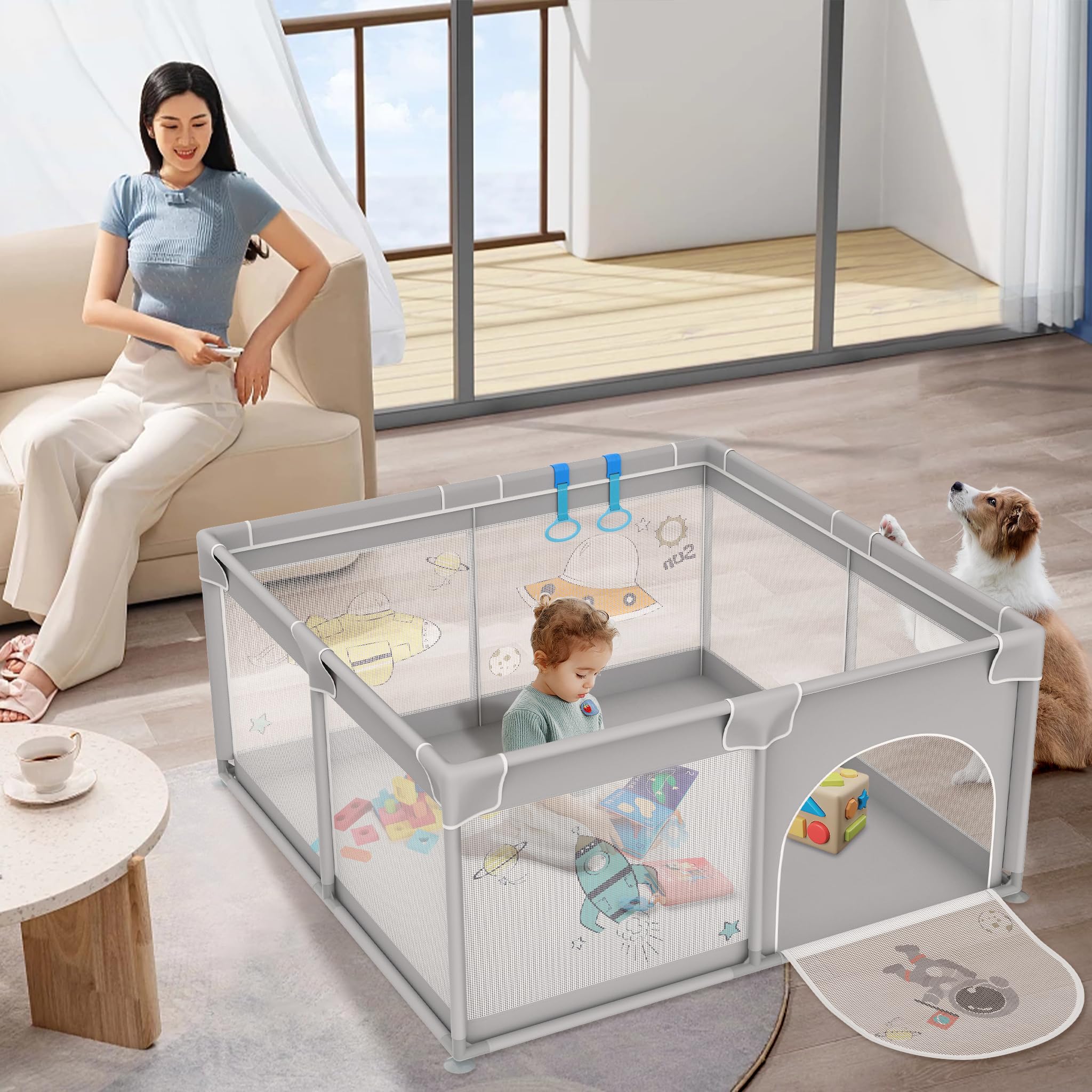 HENGMEI Box per bambini, 127 x 127 cm, pieghevole, in plastica, con 50 palline colorate, rete traspirante, parco giochi di sicurezza (astronauti)