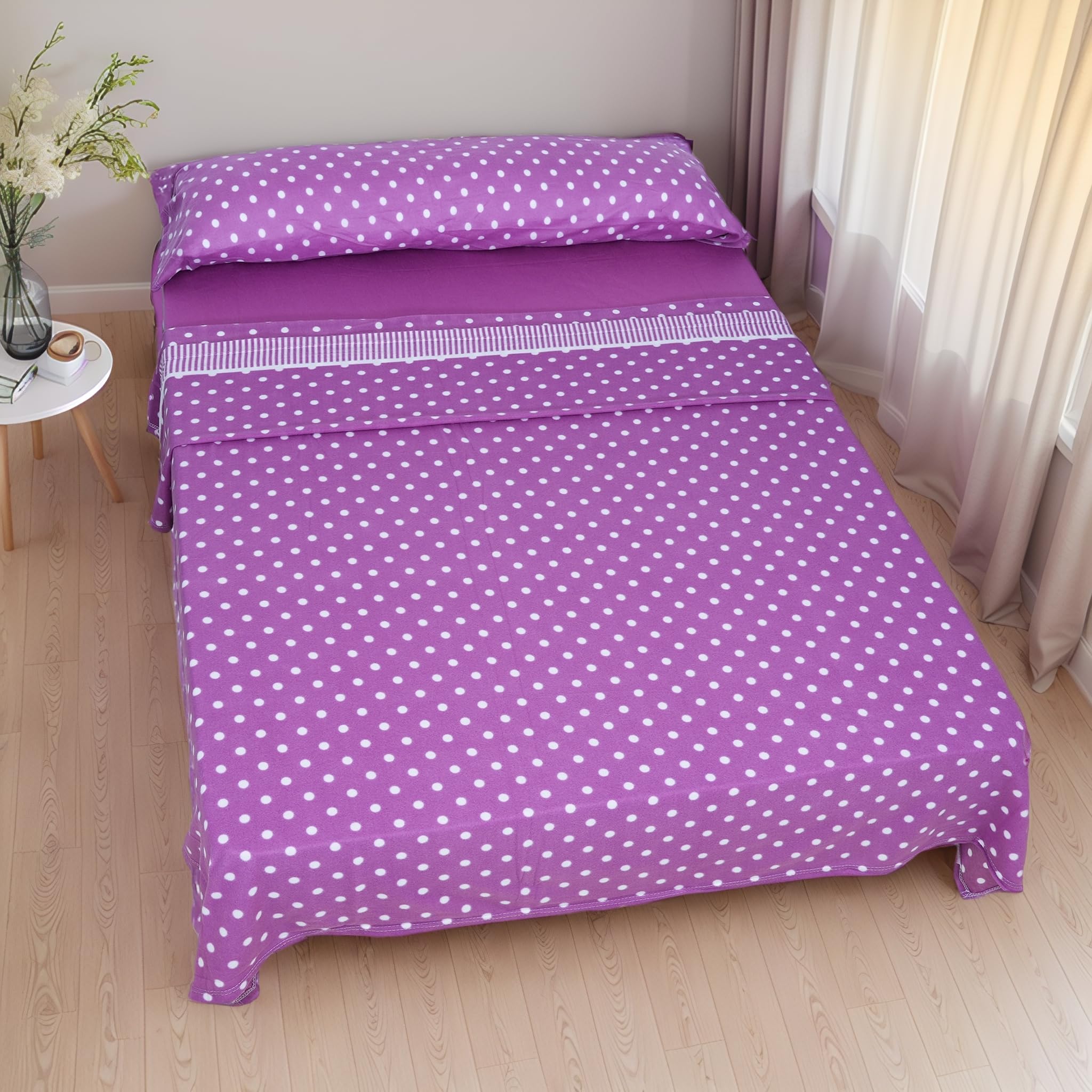 Etrexonline Juego de Sábanas Térmicas Pirineo 3 Piezas para Cama de 150 – Sábanas de Invierno Tejido Polar, Incluye Sábana Bajera Ajustable, Encimera y Funda de Almohada - Lunares Lila