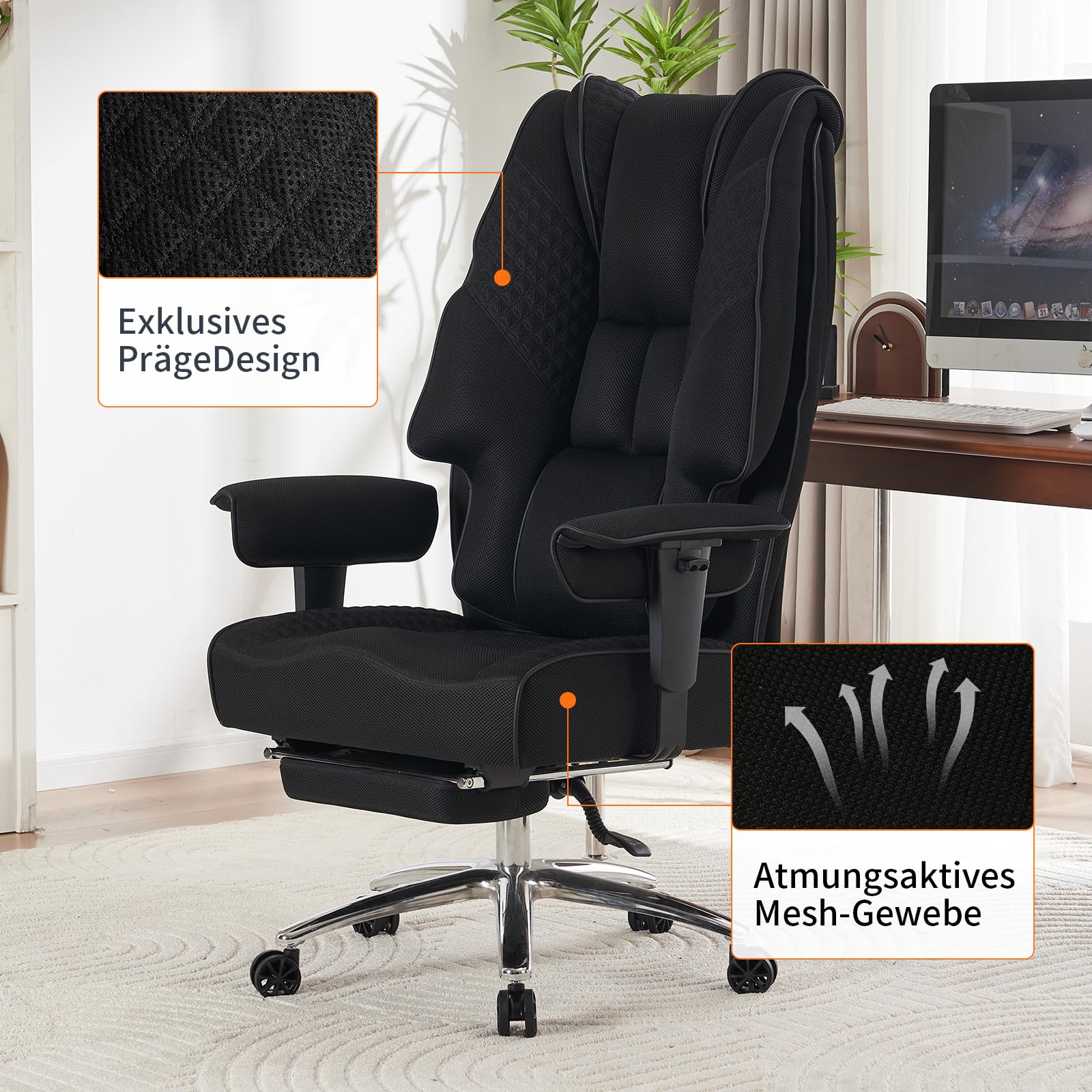 EXCEBET Silla de Oficina Ejecutiva de Malla 180kg - Silla de Escritorio Ergonómica para Personas Grandes con Asiento de 14 cm de Muelles Ensacados, Silla Gamer Transpirable (Malla Negra)