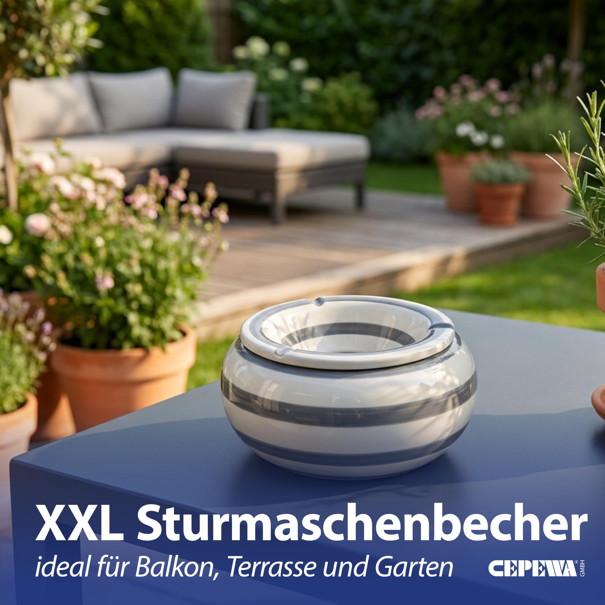 XXL Sturmaschenbecher Gloomy Admiral Ø23cm Dolomit grau-weiss-gestreift drei Zigarettenablagen Aschenbecher Garten Terrasse Balkon windsicher