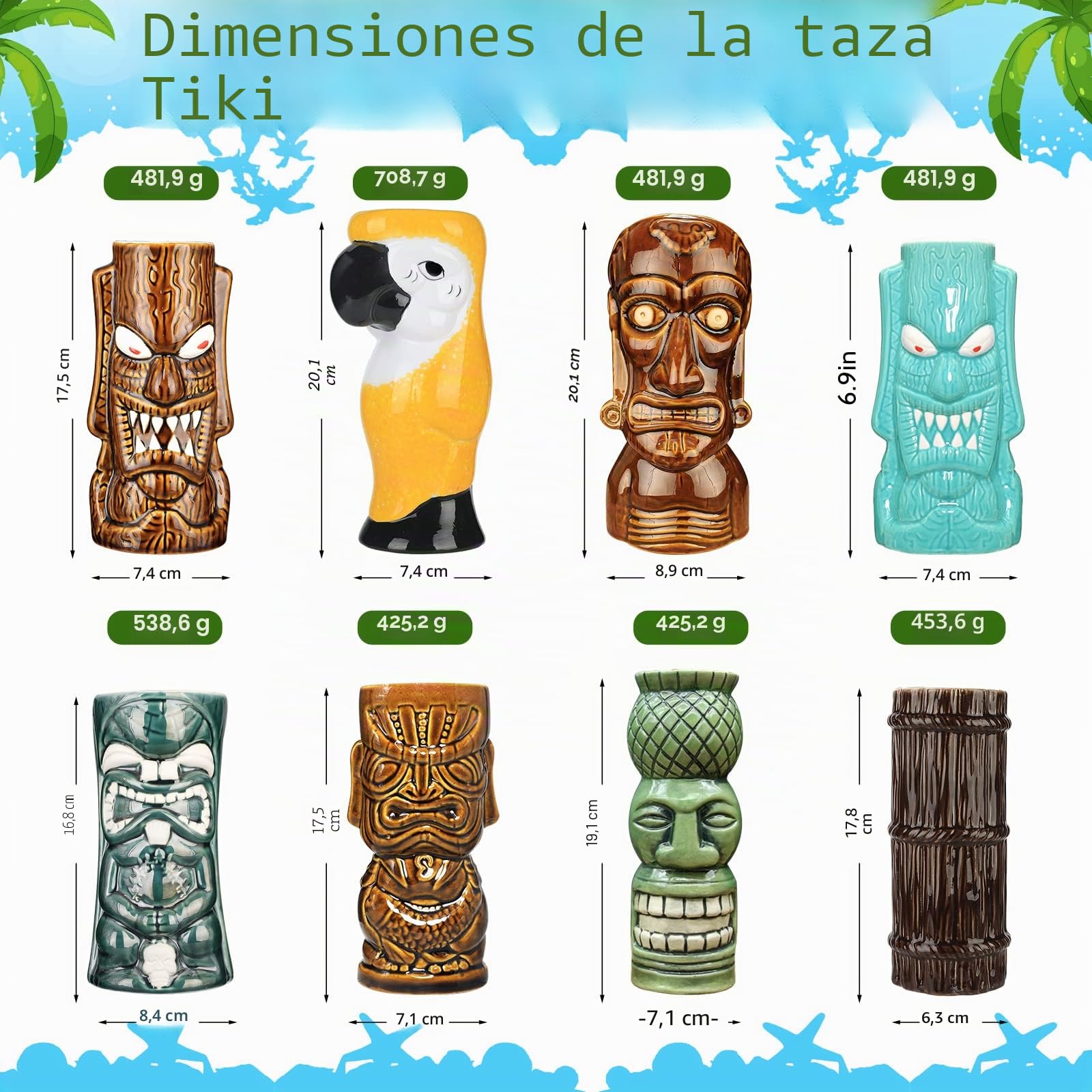 SuproBarware - Juego de tazas tikis, 8 piezas, juego de vasos de cóctel de cerámica, coloridos vasos creativos para fiestas hawaianas, decoración para fiestas exóticas, vajilla de bar, vasos de cóctel