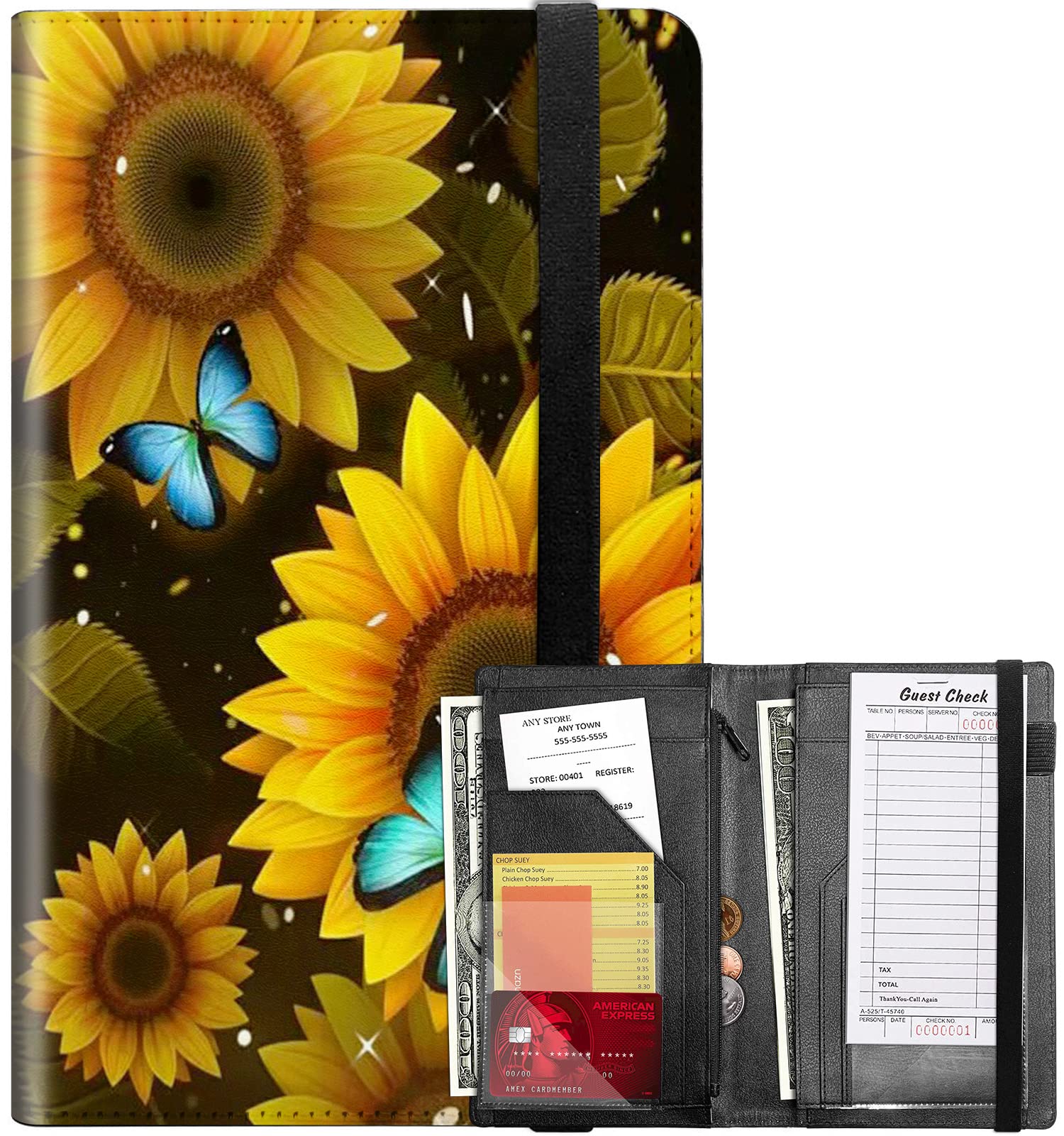 Server Books for Waitress, Waitress Book with Elastic Bandage Closure PU Leather Organizer with Zipper Money Pocket Fit Server Apron, Sunflower Butterflys
