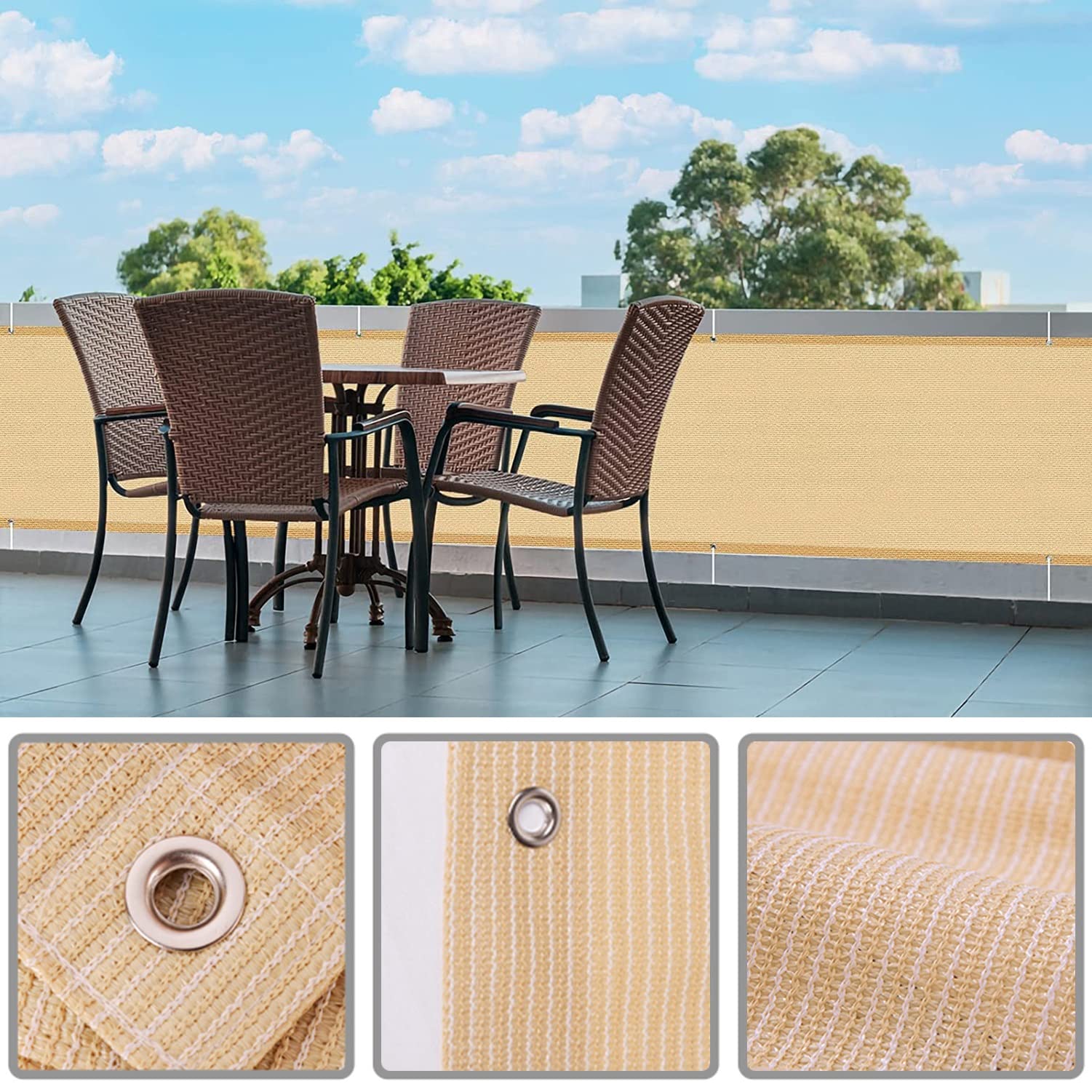 Balkon 70 x 750 cm – odporny na warunki atmosferyczne pokrowiec ogrodzeniowy z HDPE na balkon i podwórko, beżowy kolor, zawiera oczka i opaski kablowe, trwała ochrona na zewnątrz