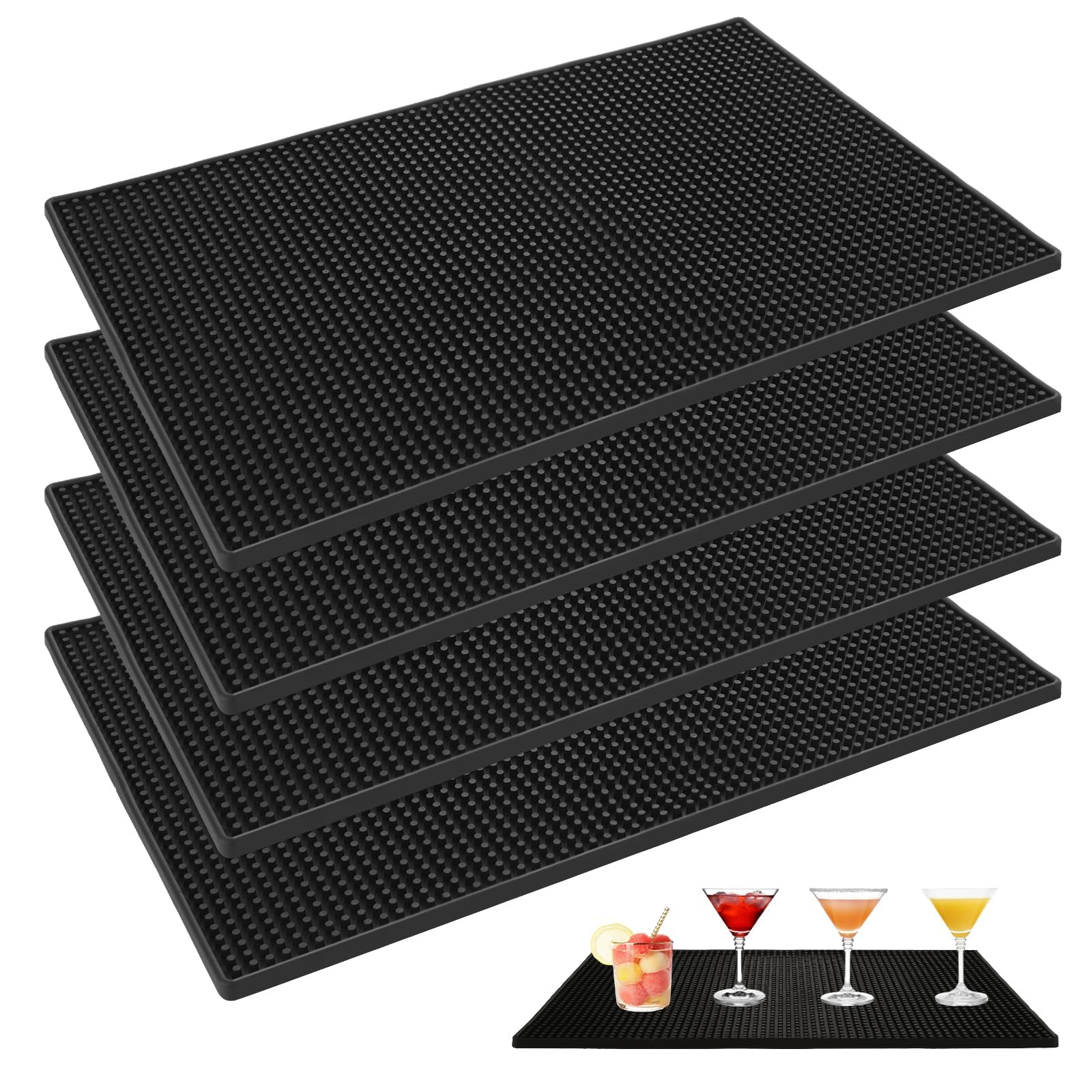 WOPPLXY 4 Pcs Rubber Bar Mat, 18 x 12 Inch Non-Slip Bar Service Spill Mat, Black Rubber Bar Mat, Restaurant Kitchen Counter Bar Pad for Counter Top,