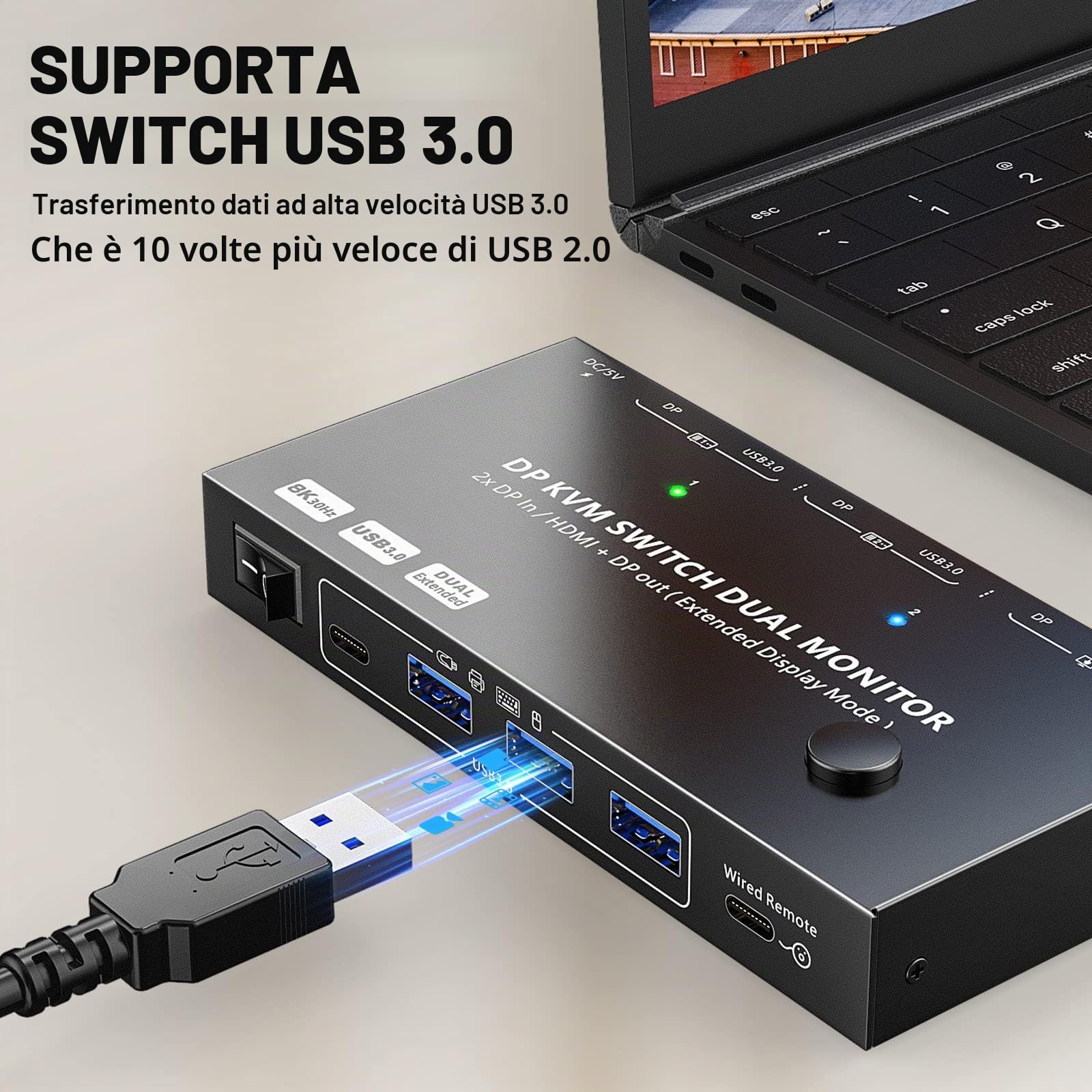 8K Displayport KVM Switch 2 PC 2 Monitor 4K @144Hz 8K@30Hz, MST Dual Monitor KVM Switch DP IN/DP+HDMI Out per 2 PC shar 2 monitor e 4 porte USB 3.0, switch KVM Displayport 1.4 con Wired Remote