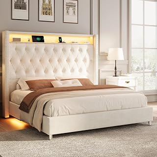 Jocisland Queen Size Bed Frame 53.6'' Tall Headboard LED Lights and Charging Station, Velvet High Upholstered Platform Bed Wingback Storage, No Box Spring Needed, Motion Activated Light, Light Cream