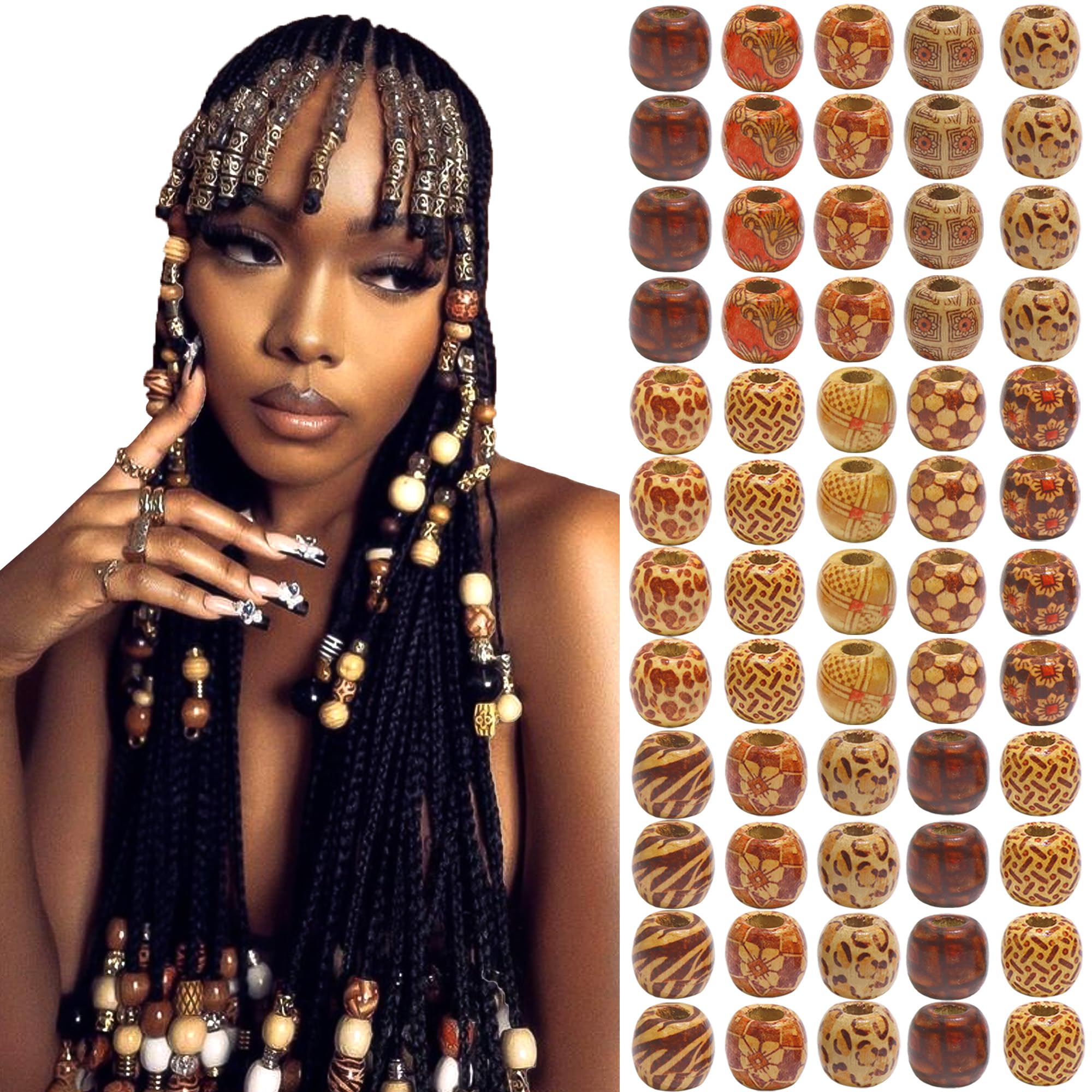 VENOFEN 60PCS Painted Wood Hair Beads Large Hole Natural Wooden Beads for Loc Dreadlock Hair Accessories Braids Decoration