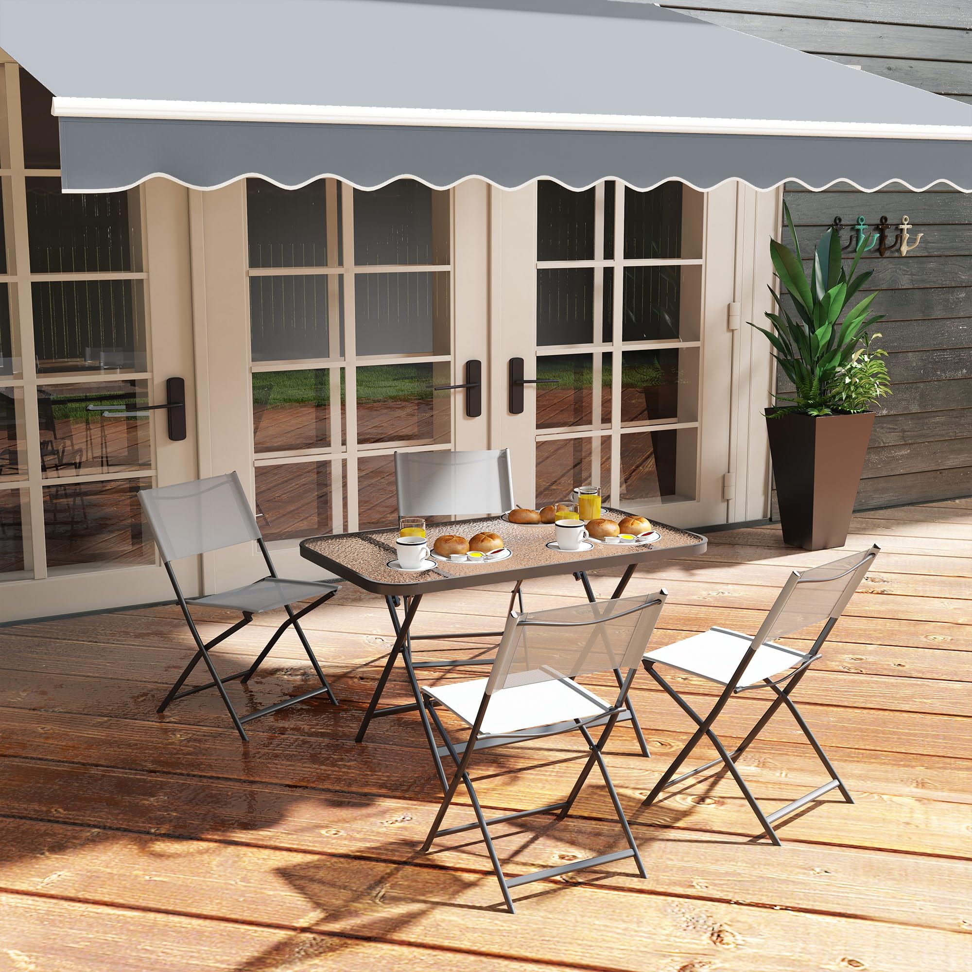 Outsunny Conjunto de Jardín Conjunto de Comedor de Exterior de 5 Piezas Incluye 1 Mesa de Vidrio Templado y 4 Sillas Plegables Estilo Moderno para Terraza Patio Gris
