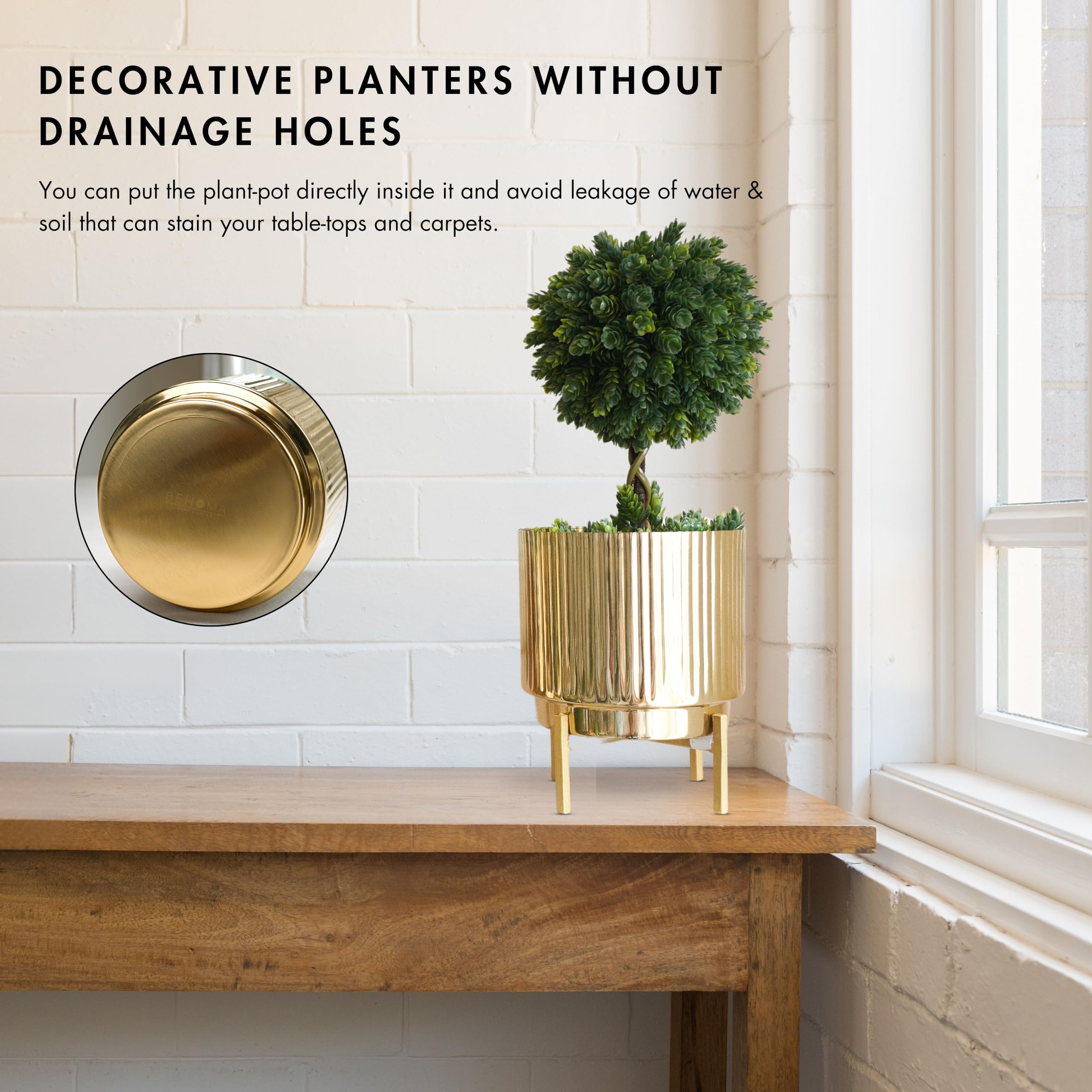 Gold Fluted Planter with Stand - Elegant Home Decor -7